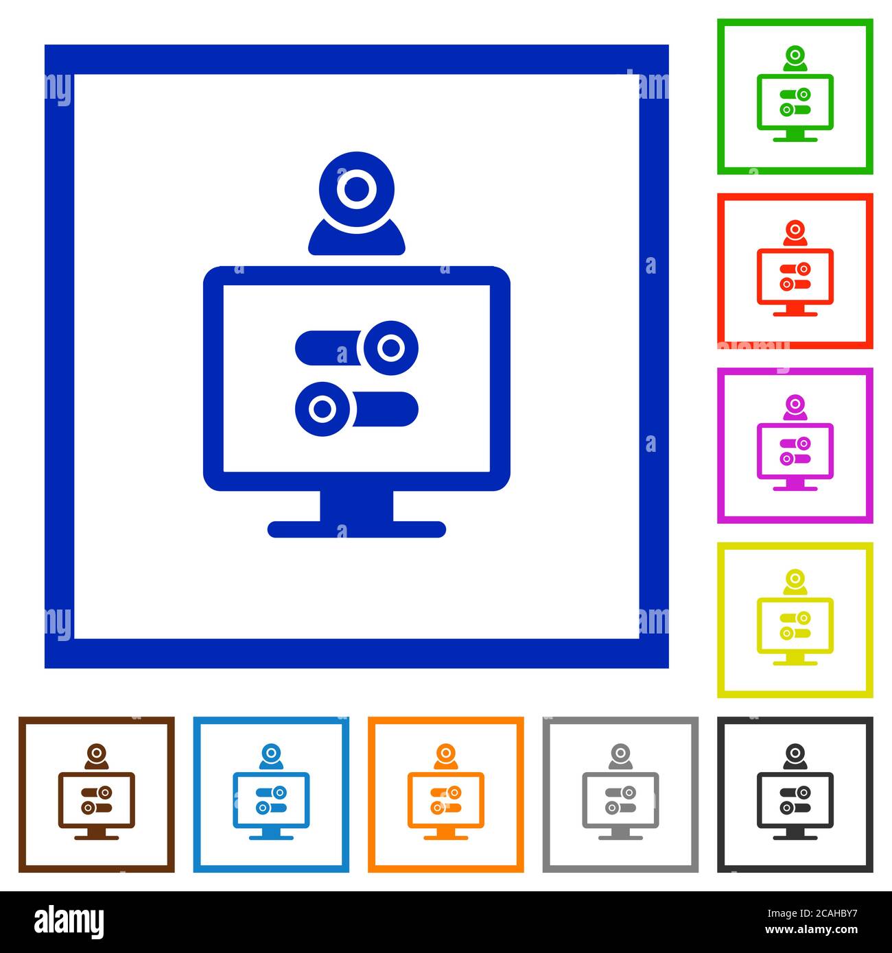 Webcam tweaking flat color icons in square frames on white background Stock Vector