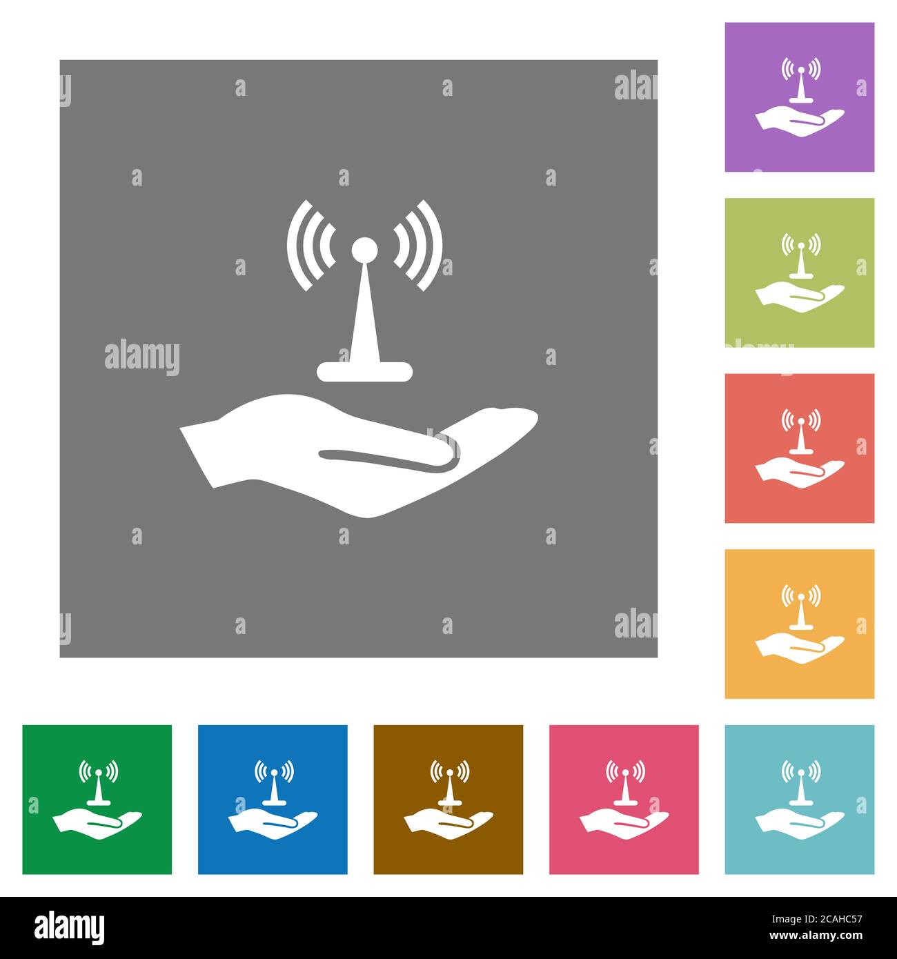 Sharing wireless network flat icons on simple color square backgrounds ...