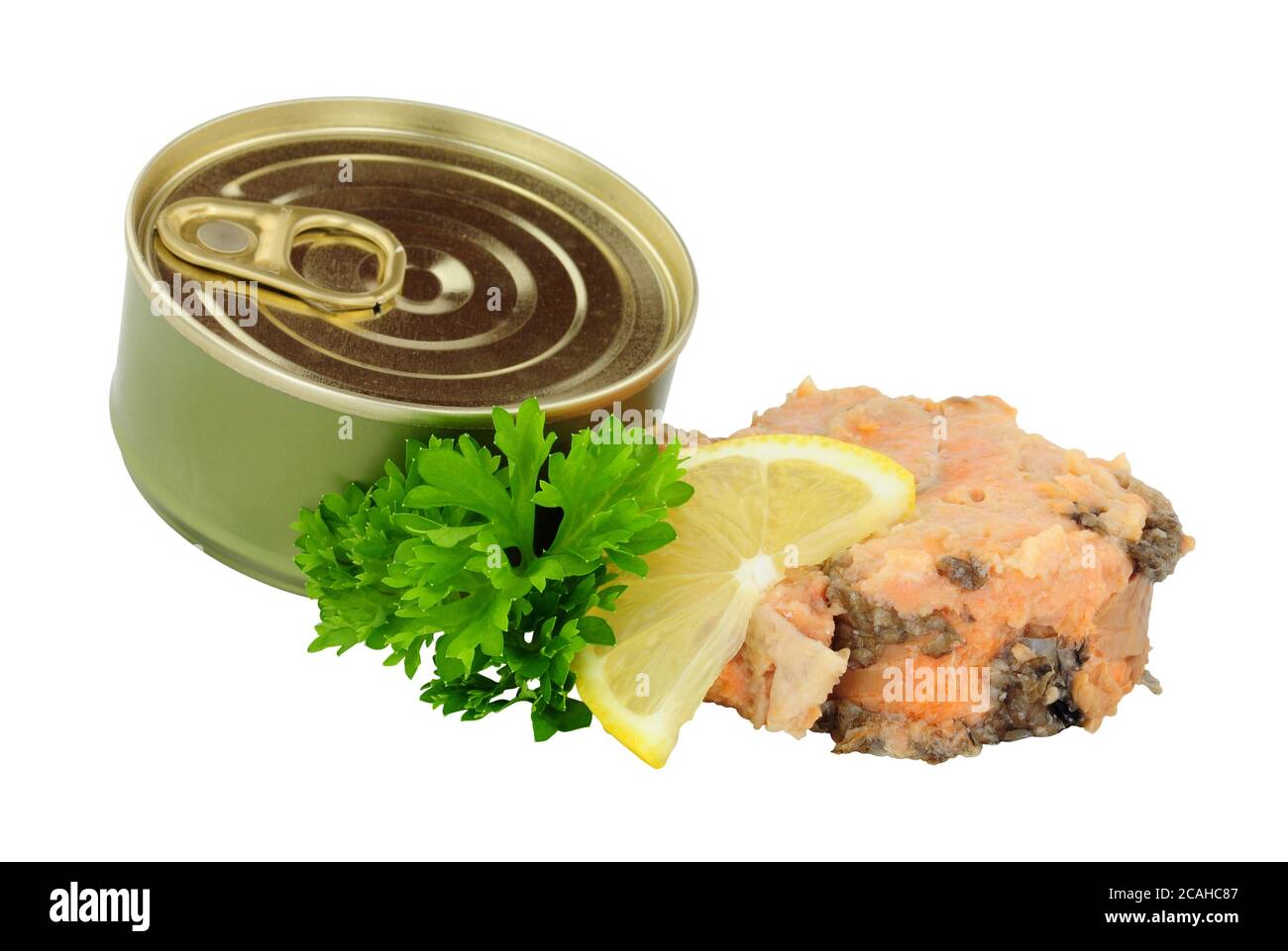 Tinned Pacific red salmon meat in a metal ring pull can isolated on a