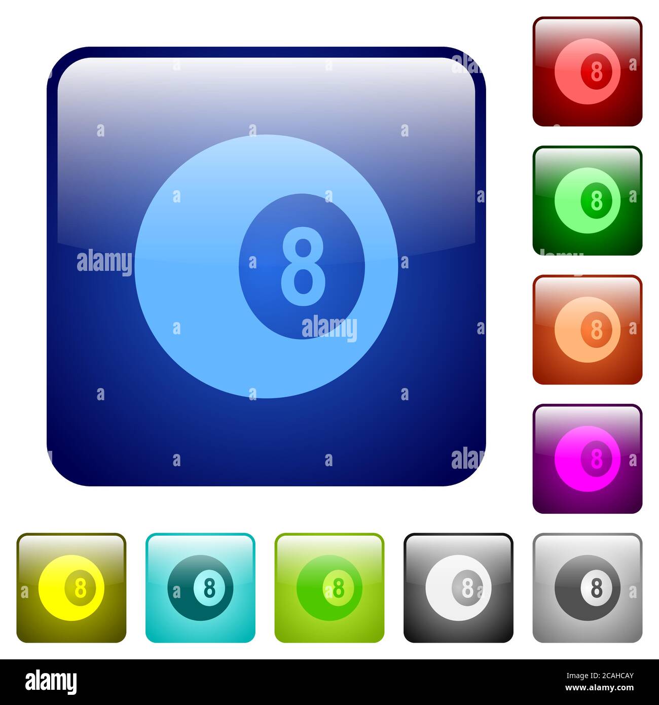 Black eight billiard ball icons in rounded square color glossy button ...