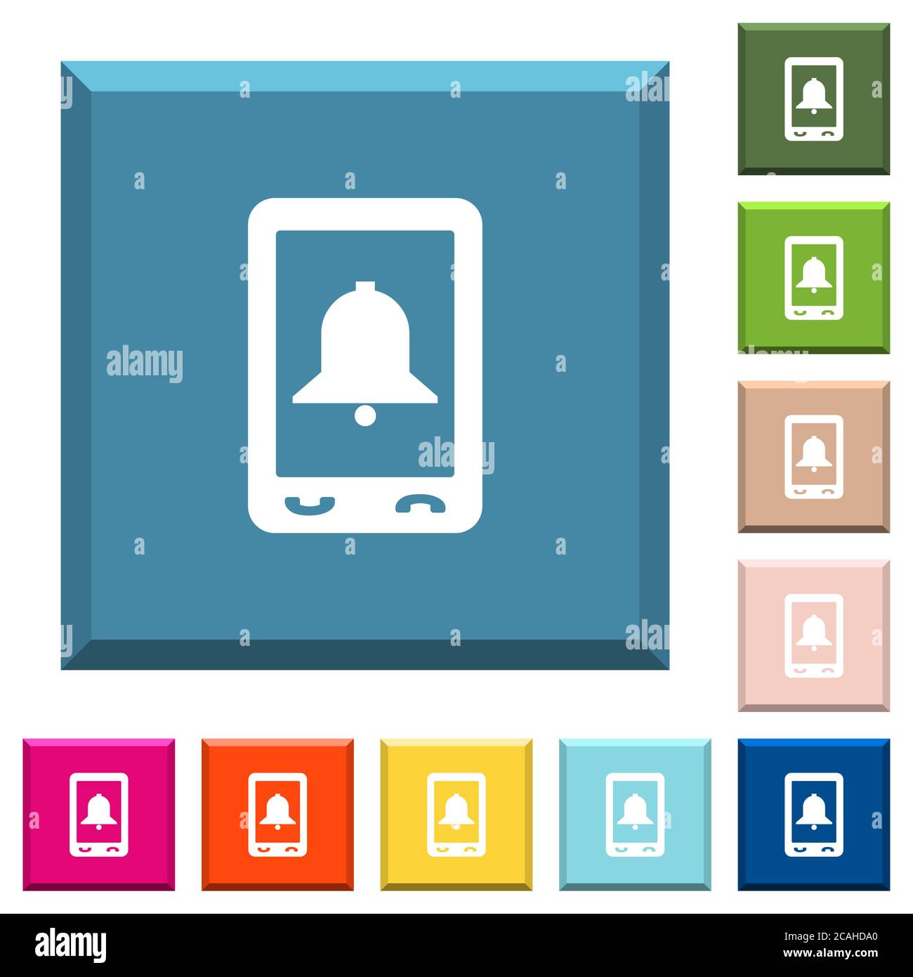 Mobile alarm white icons on edged square buttons in various trendy ...