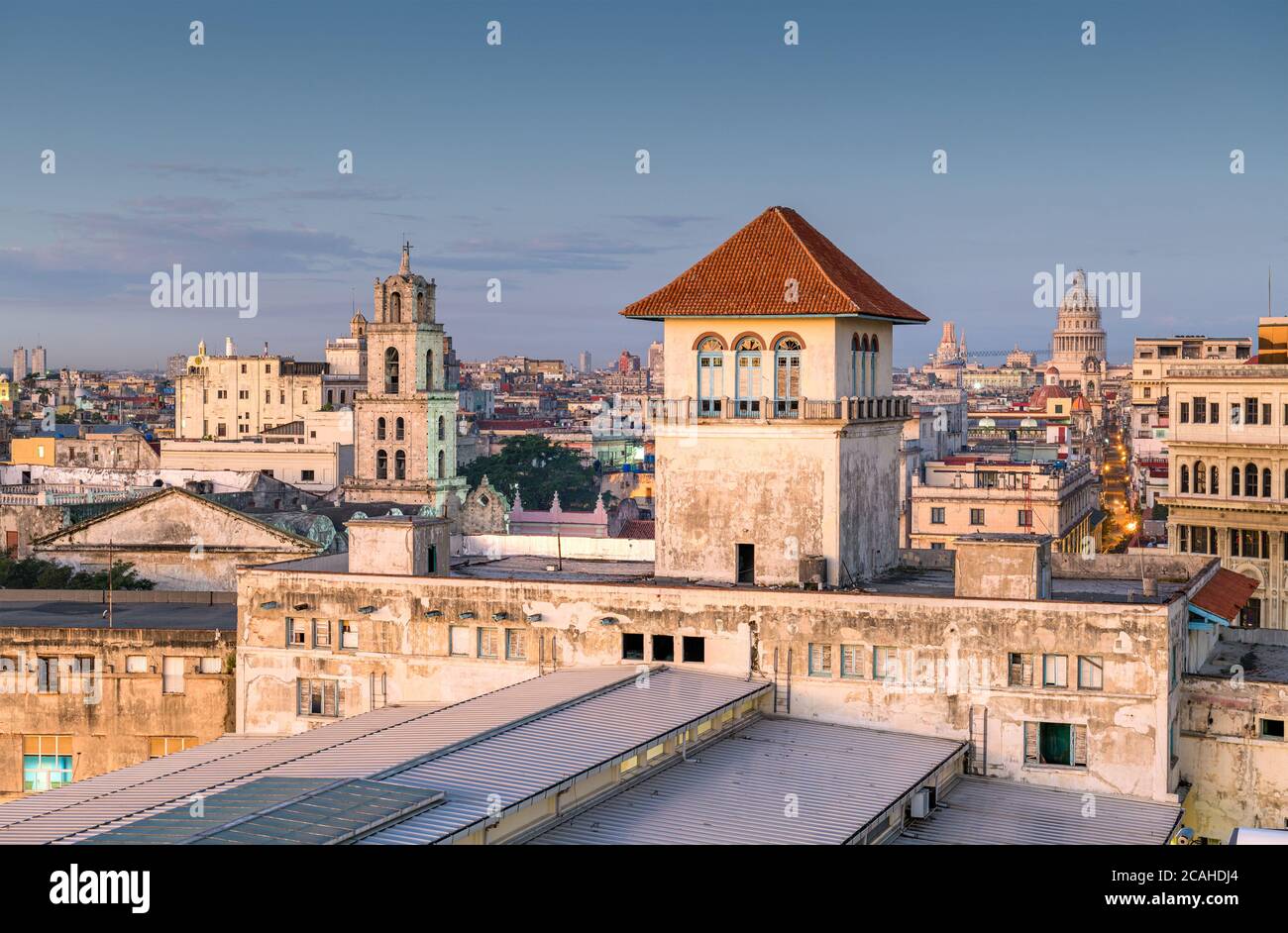 Havana, Cuba downtown skyline from the port at dawn. Stock Photo