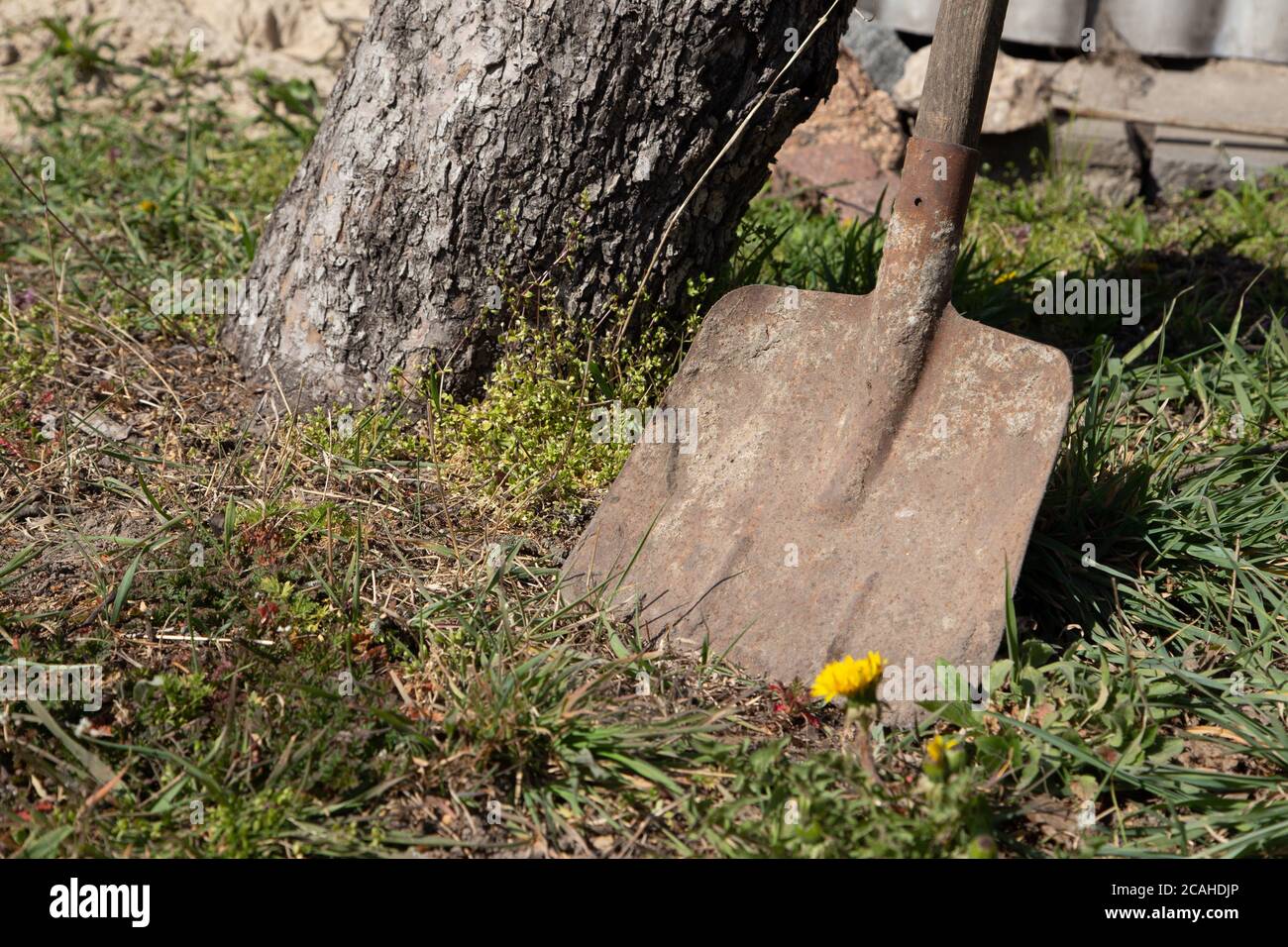 Old dirty shovel used in construction or agriculture leaning on brick white wall Stock Photo