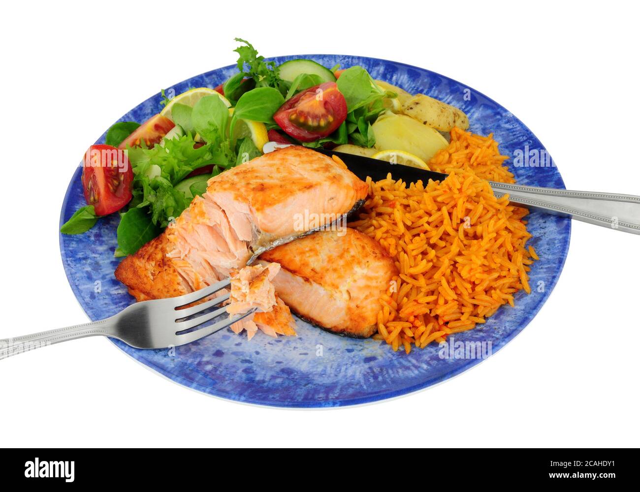 Grilled salmon fish fillets with chilli flavoured rice and salad meal