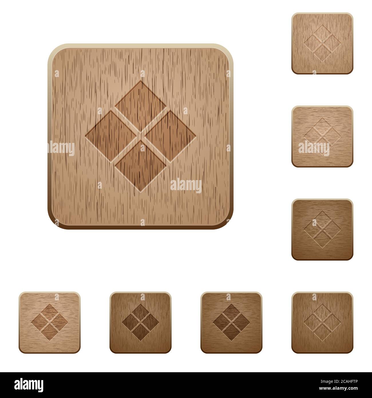 Diagonal tile pattern on rounded square carved wooden button styles Stock Vector