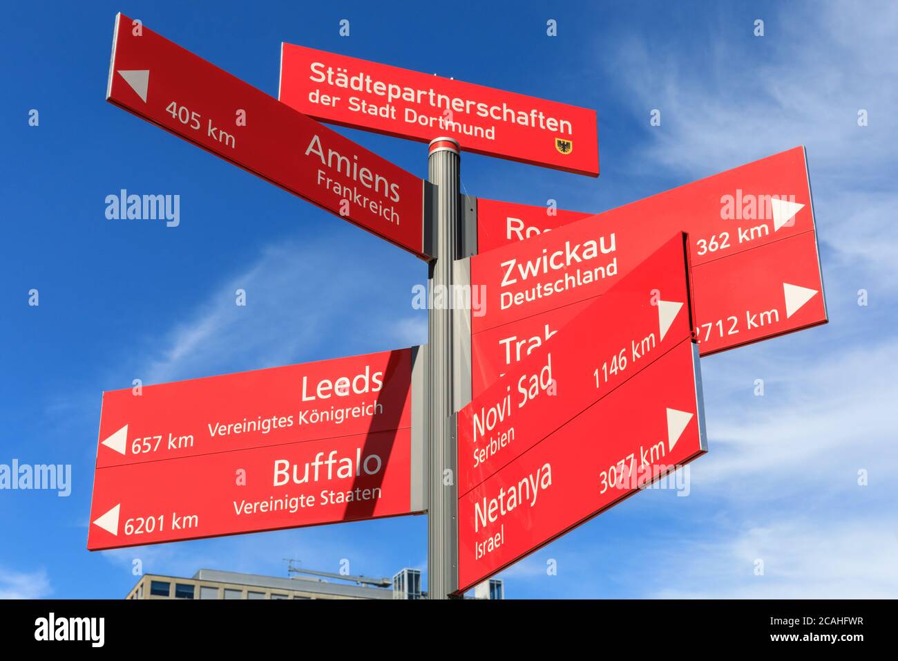 Dortmund twinned towns signs, direction and distance to partner cities in Dortmund, Germany Stock Photo
