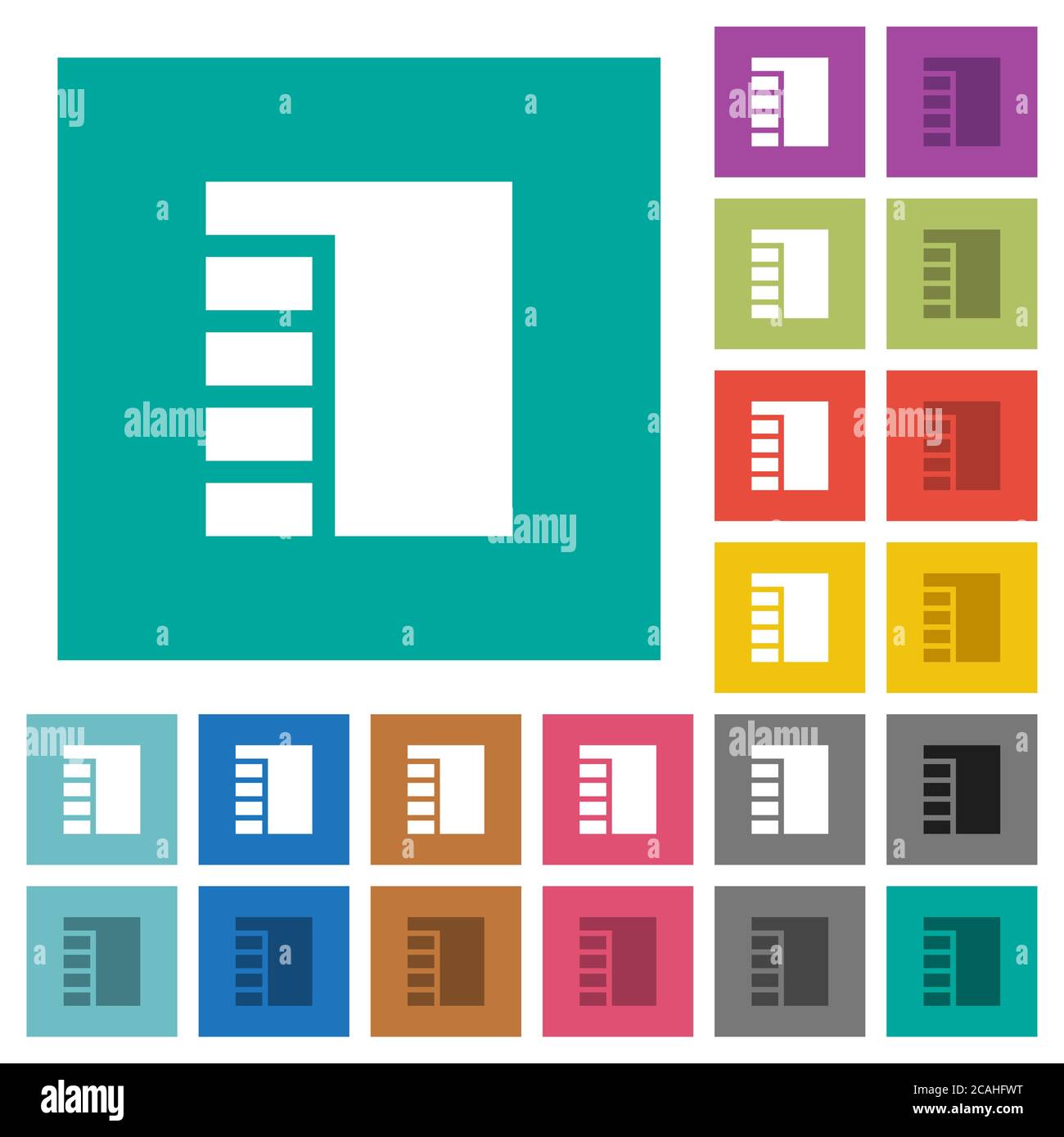 Vertical tabbed layout active multi colored flat icons on plain square backgrounds. Included white and darker icon variations for hover or active effe Stock Vector