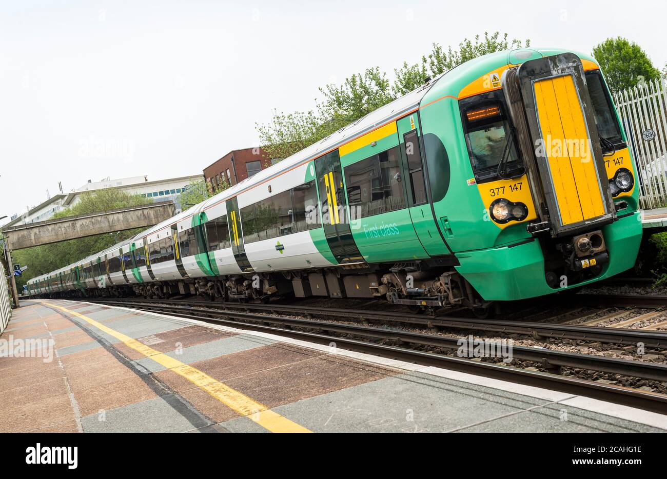 Class 377 passenger train in Southern Trains livery at Crawley railway station, West Sussex, England. Stock Photo