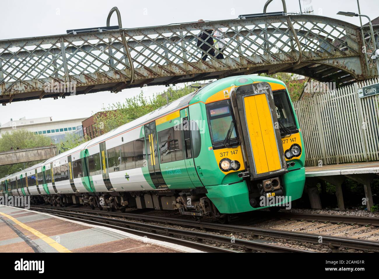 Class 377 passenger train in Southern Trains livery at Crawley railway station, West Sussex, England. Stock Photo