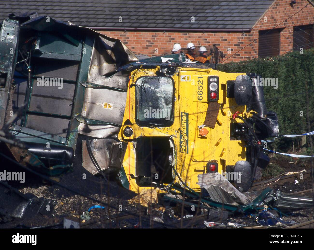 Wreckage at the scene of the Great Heck Rail crash at Selby on 28th February 2001, North Yorkshire, England. Stock Photo