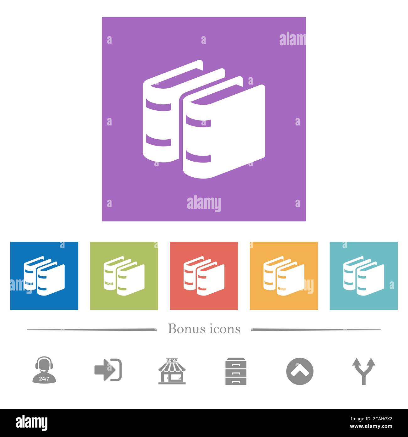 Two books flat white icons in square backgrounds. 6 bonus icons ...