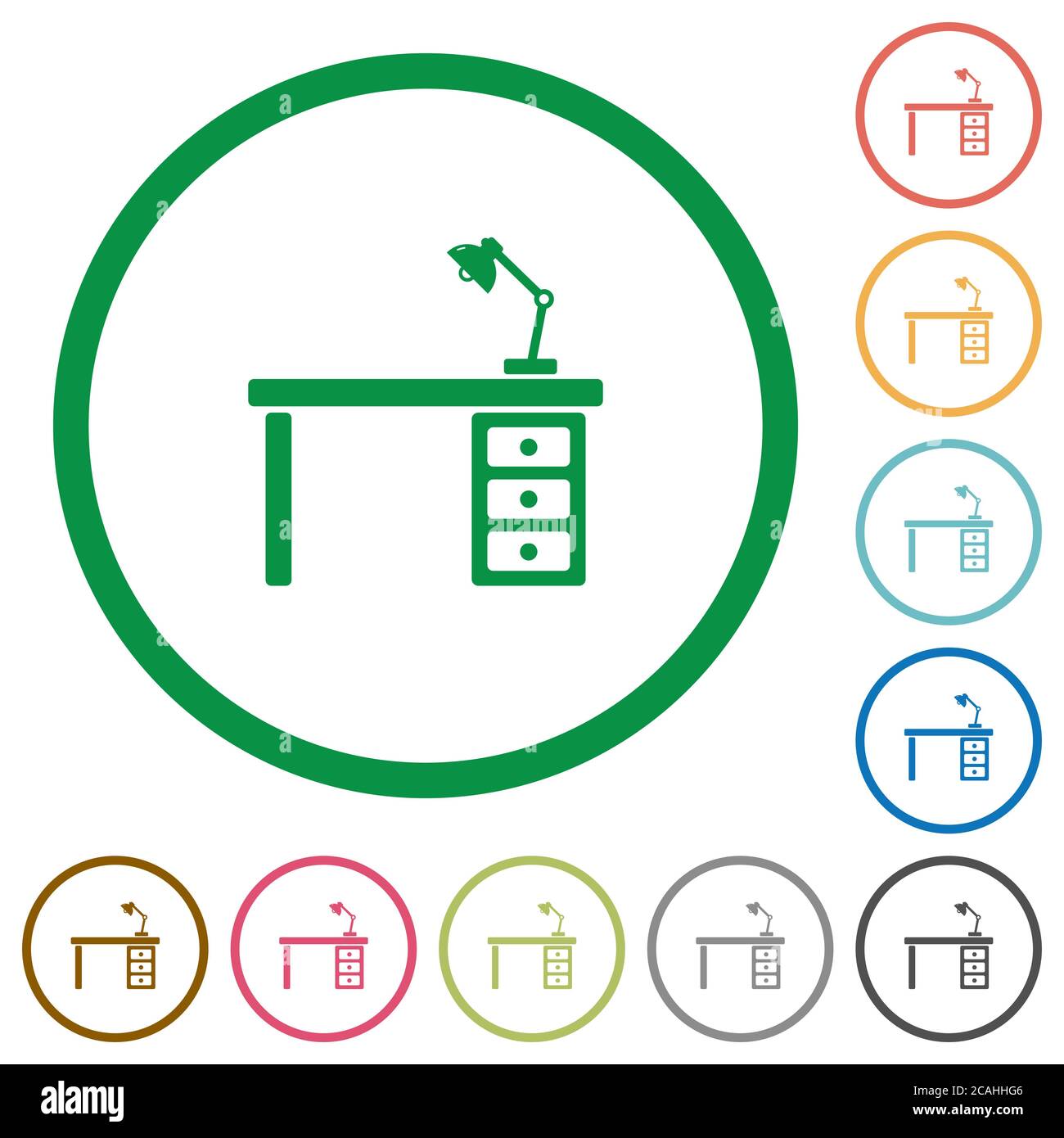 Desk with lamp flat color icons in round outlines on white background ...