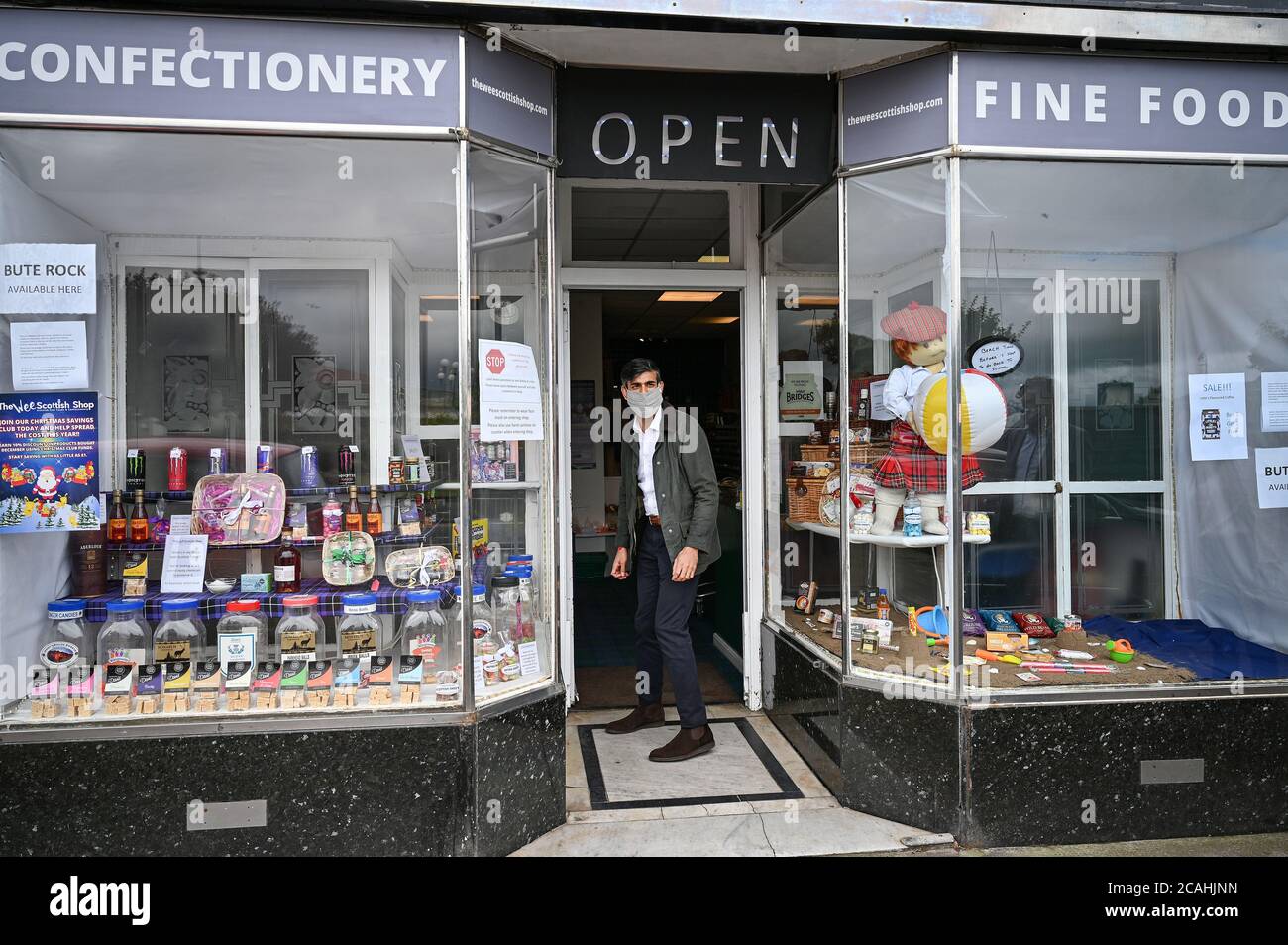 Chancellor of the Exchequer Rishi Sunak visits the Wee Scottish Shop during a visit to Rothesay on the Isle of Bute, Scotland. Stock Photo