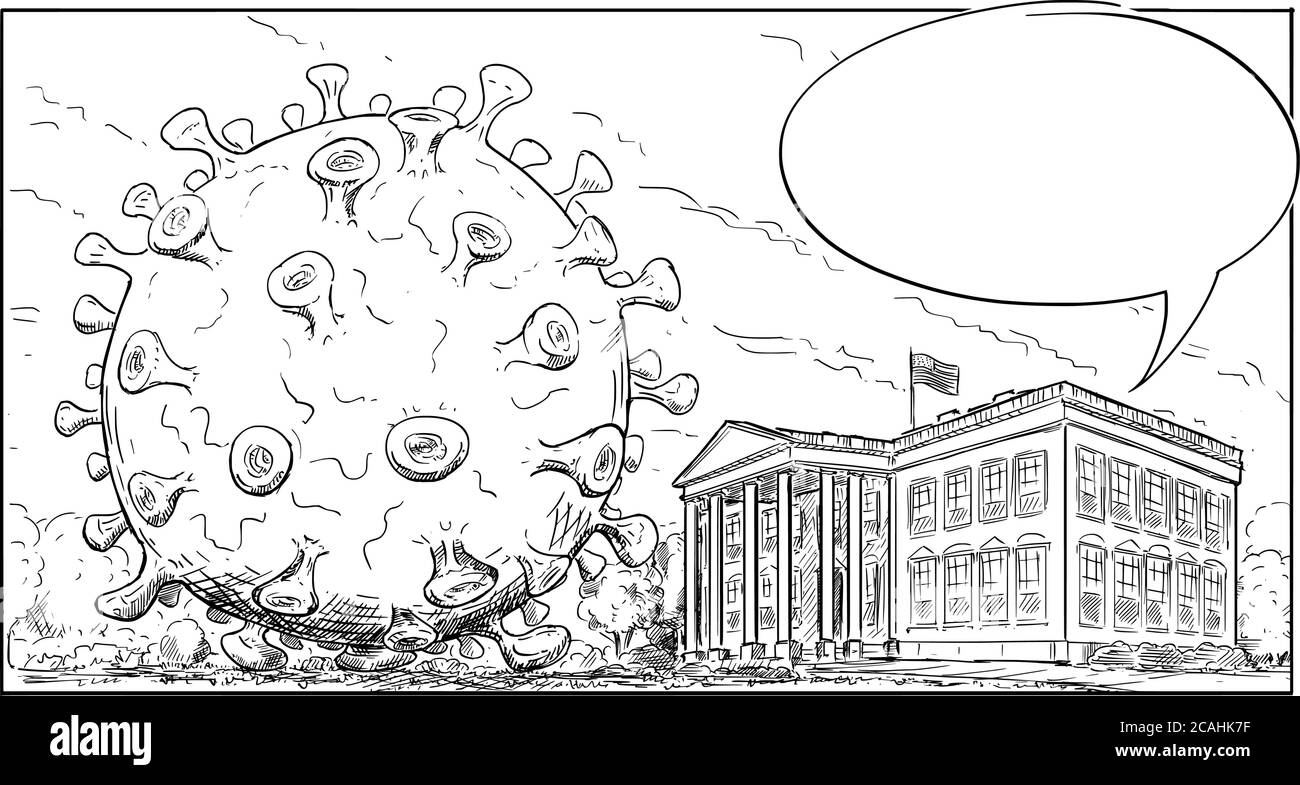 Vector cartoon drawing of giant or big Covid-19 or SARS-CoV-2 coronavirus or virus on White House garden, residence of president of United States, concept of epidemic in US. Empty speech bubble. Stock Vector