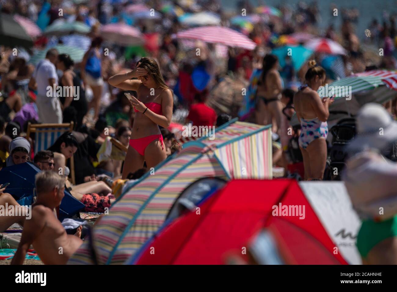 Southend on Sea, Essex 7th August 2020 Sunseekers flock to the beach at