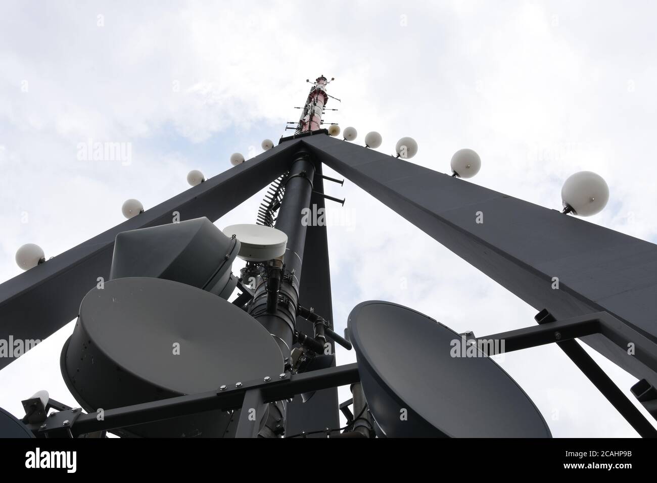 View on the top of look-out tower with antennas and amplifiers in Uetliberg mountain in the Swiss plateau, part of the Albis chain. Stock Photo