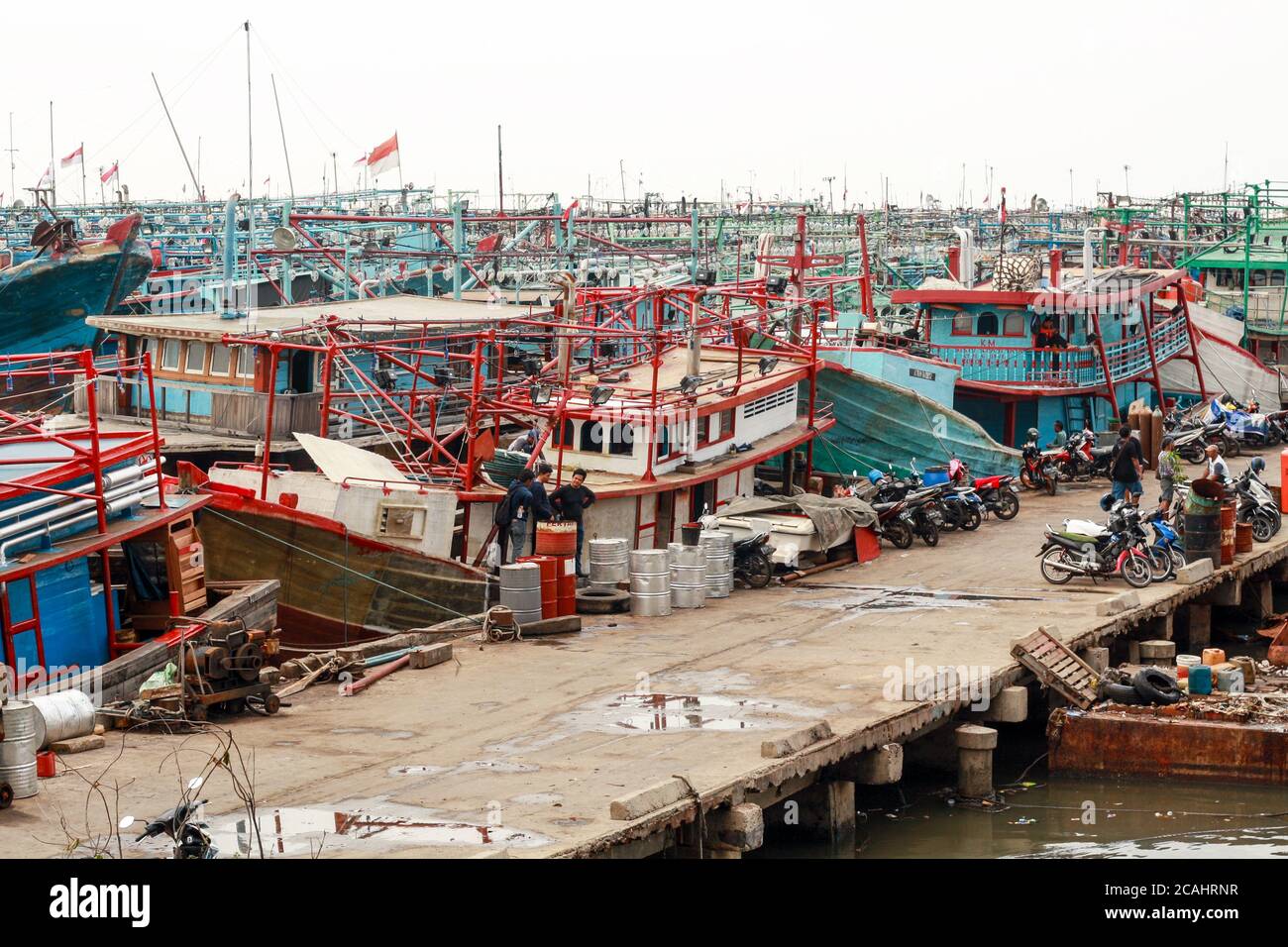 Jakarta, Indonesia - April 21, 2019: Fishing boats anchored at the Muara Angke Port, Penjaringan, North Jakarta. Stock Photo