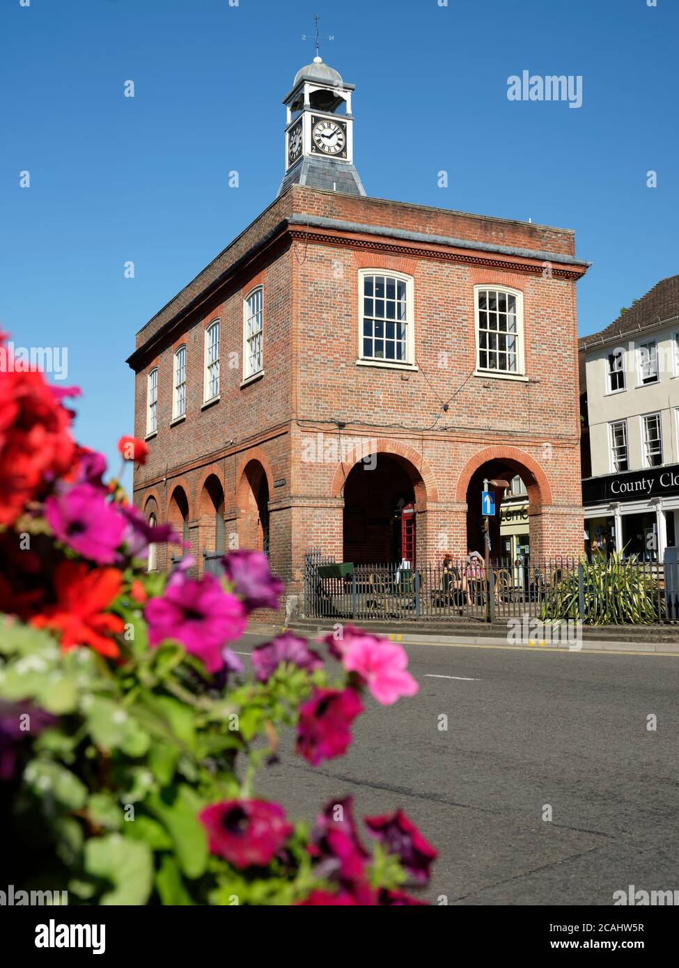 Reigate High Street and the Old Town Market Hall in Reigate Surrey England UK - Summer 2020 Stock Photo