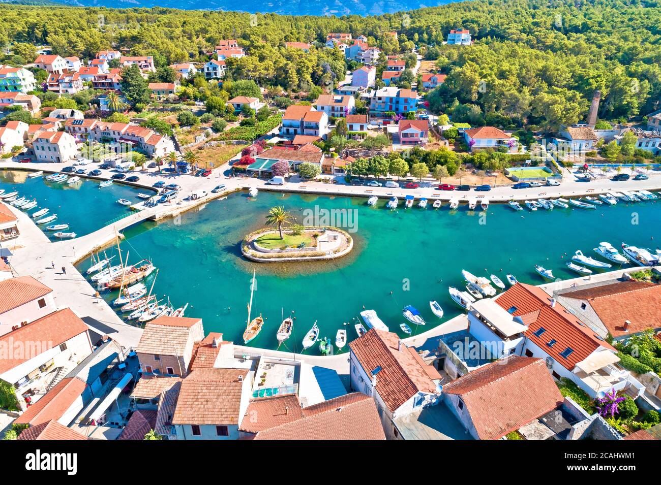 Town of Vrboska small palm island aerial view, Hvar island, Dalmatia archipelago of Croatia Stock Photo