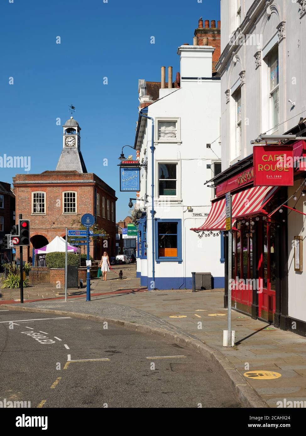 Reigate High Street and the Old Town Market Hall in Reigate Surrey England UK - Summer 2020 Stock Photo