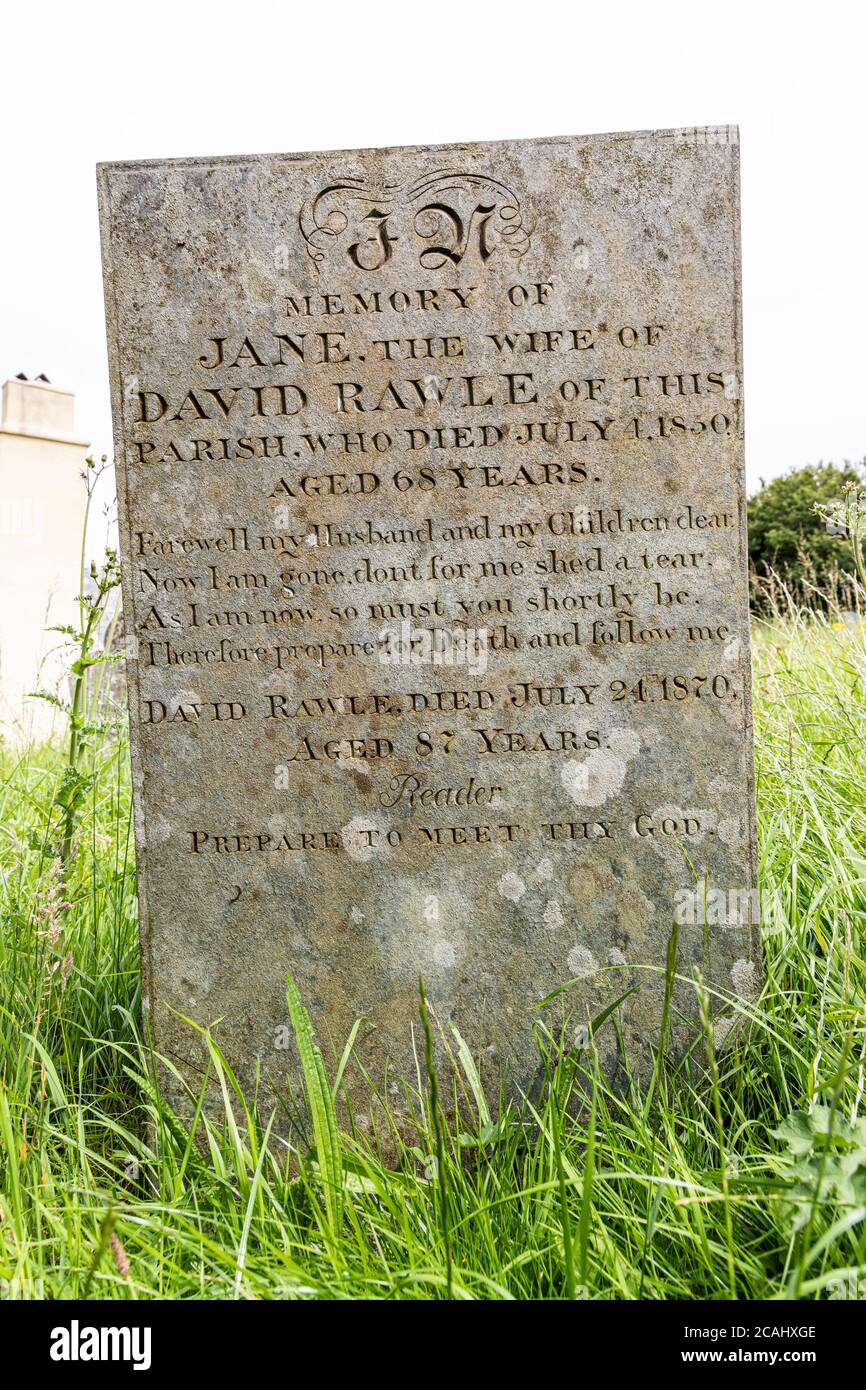 Exmoor National Park - 19th century gravestone of Jane Rawle (died 1850) in the churchyard of Stoke Pero church, Somerset UK - Prepare to meet thy God Stock Photo