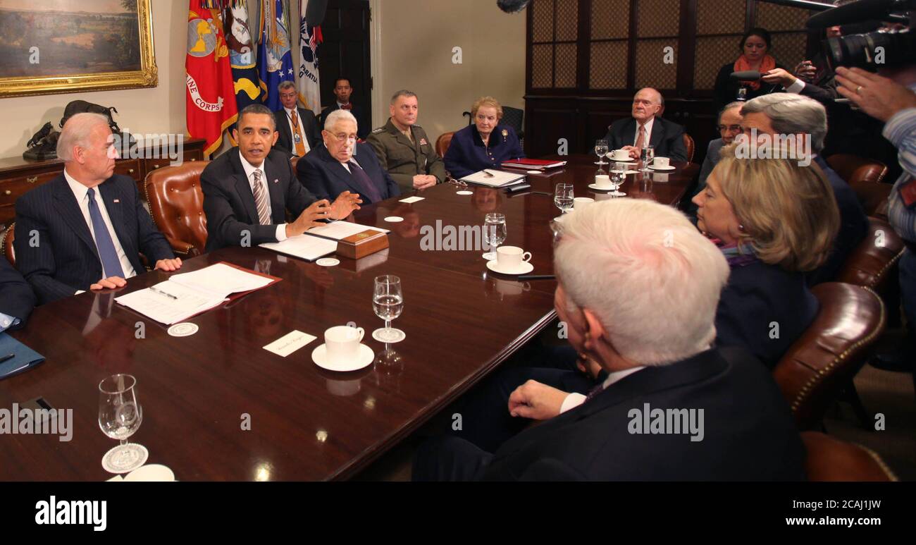 In this file photo, United States President Barack Obama makes a statement during a meeting with present administration officials and former Secrtaries of State and Defense in the Roosevelt Room of the White House on Thursday, November 18, 2010. From left to right: US Vice President Joseph Biden; President Obama; Henry Kissinger, former US Secretary of State; General James Cartwright, Vice Chairman Joint Chiefs of Staff; Madeleine Albright, former Secretary of State; Brent Scowcroft, former National Security Advisor; US Senator John Kerry (Democrat of Massachusetts); US Secretary of State Stock Photo