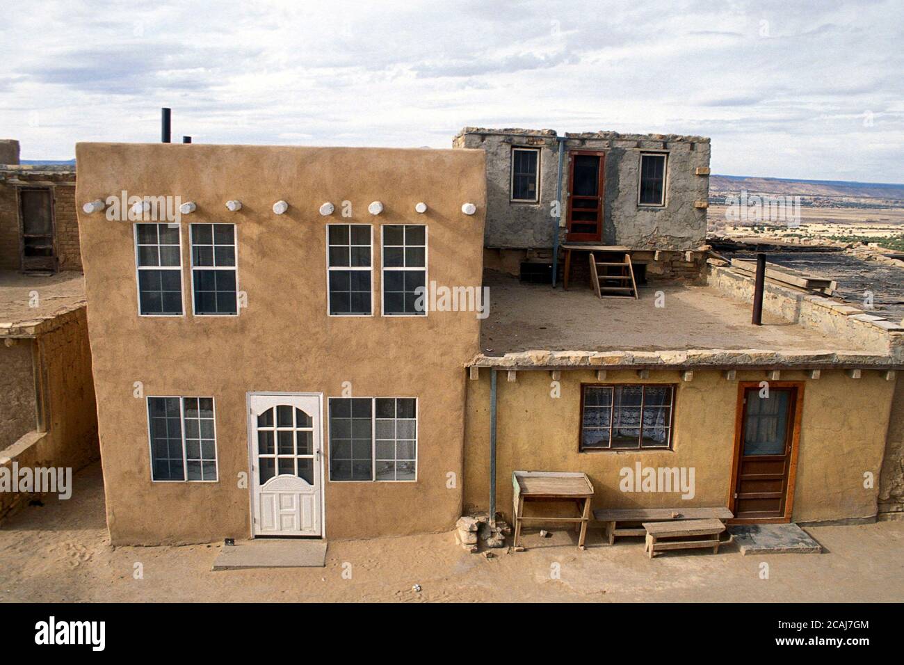 Acoma Pueblo, New Mexico USA, 1993: Acoma 'Sky City,' 500-year-old community is the oldest continuously inhabited settlement in North America. Built atop a mesa, the isolated village has no utilities available. ©Bob Daemmrich Stock Photo