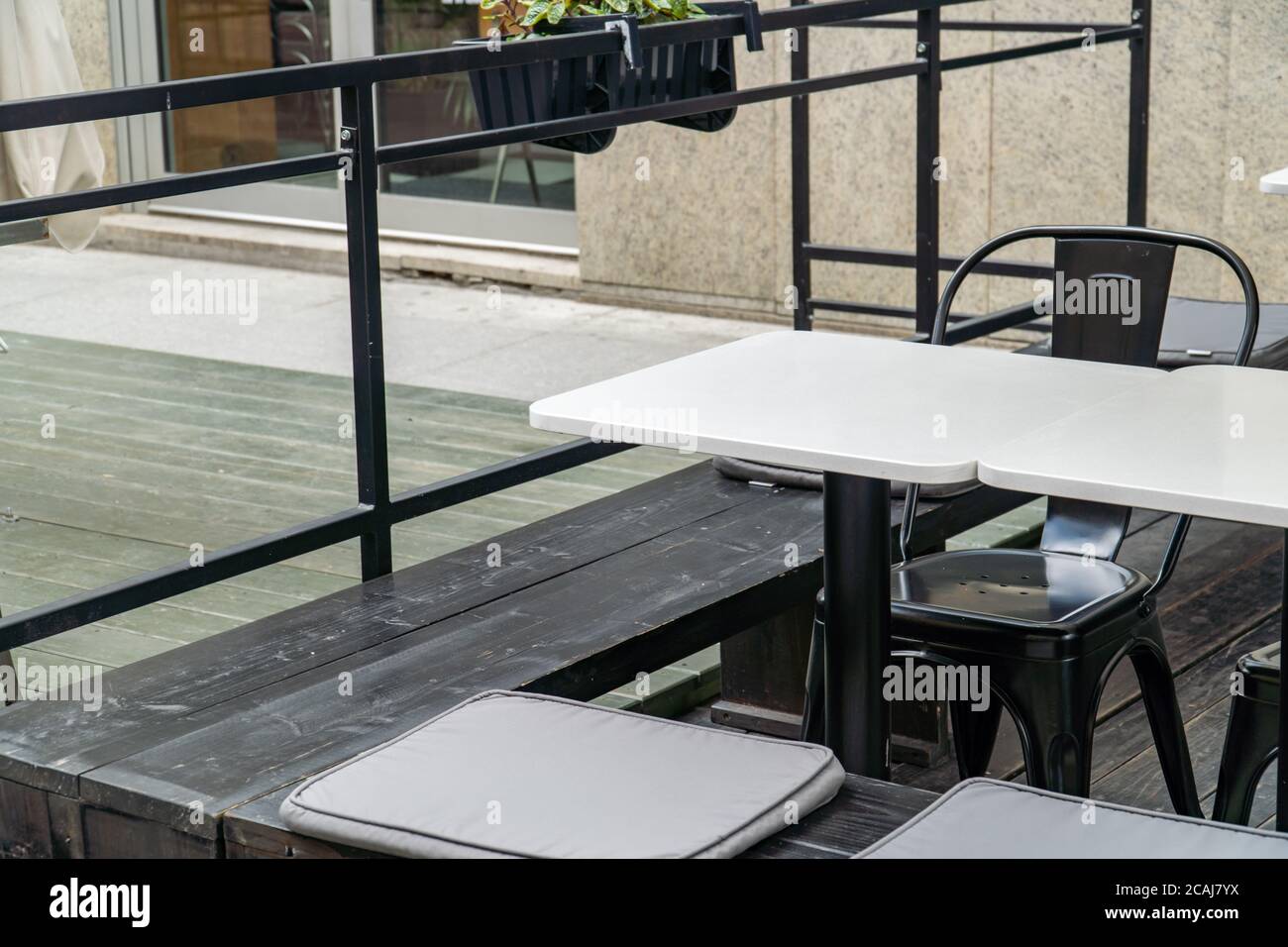 Plastic restaurant table with chairs set outside Stock Photo Alamy