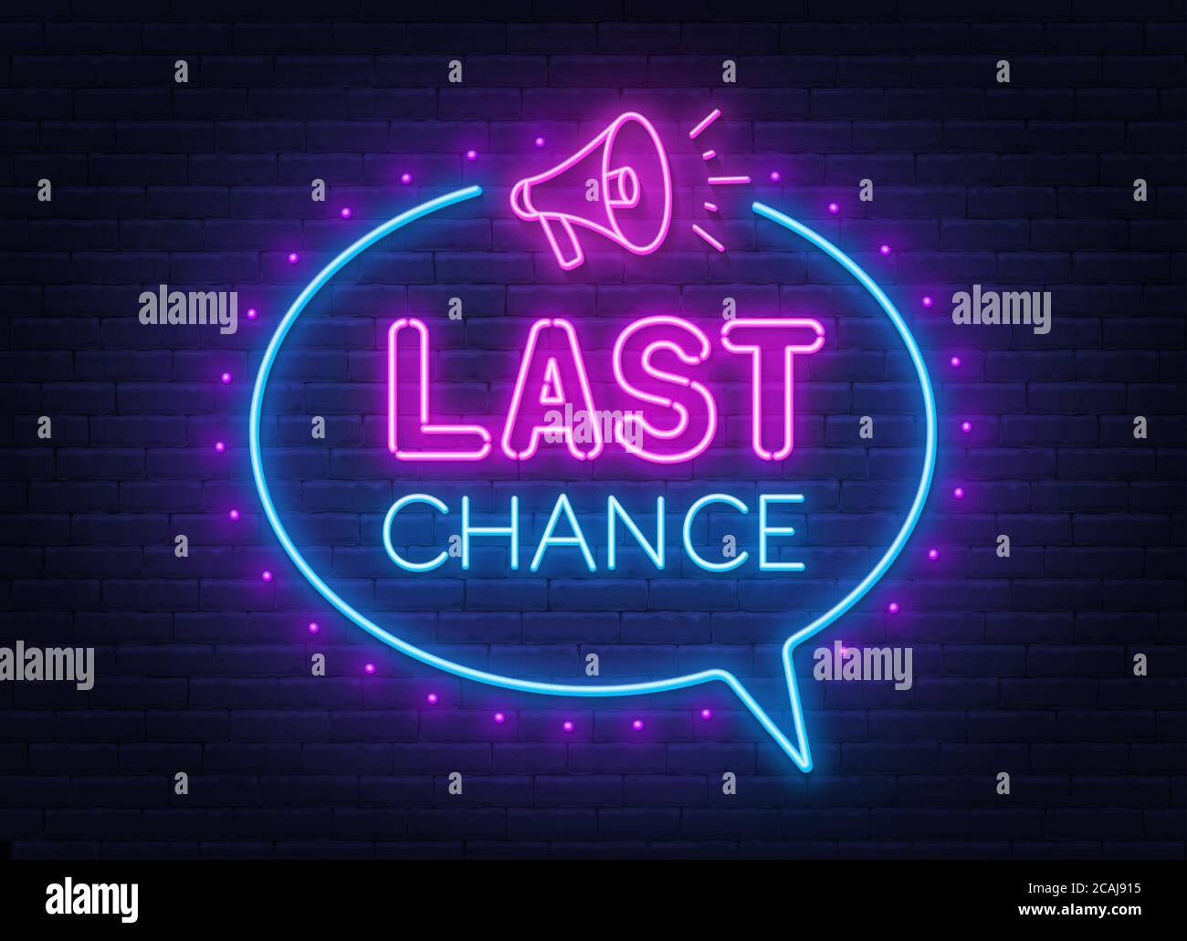 Last chance neon sign on brick wall background. Stock Vector