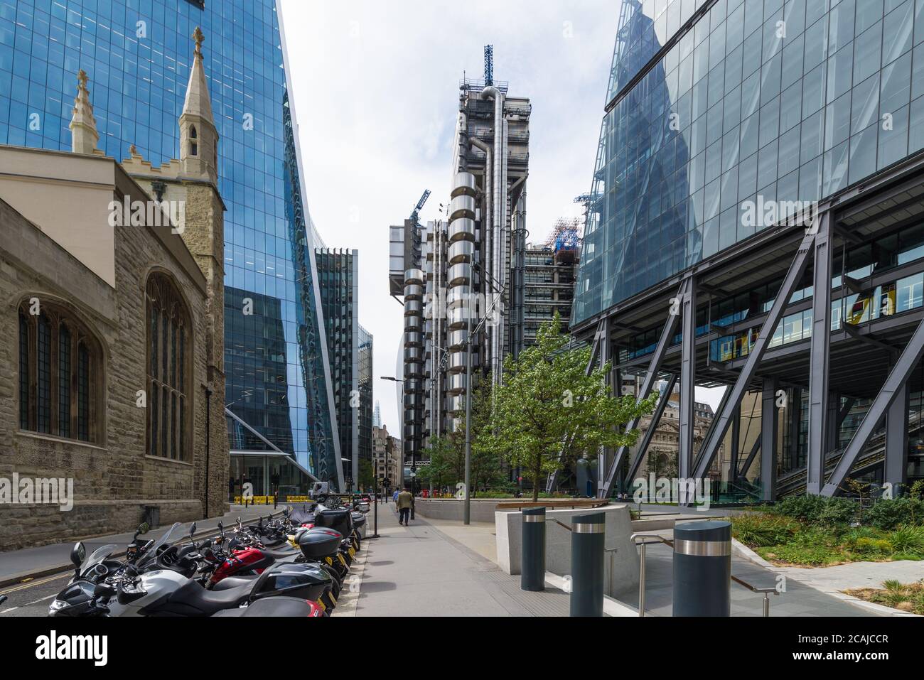 The Lloyd's of London building in Lime Street, as seen from St. Mary Axe, City of London, England, UK Stock Photo