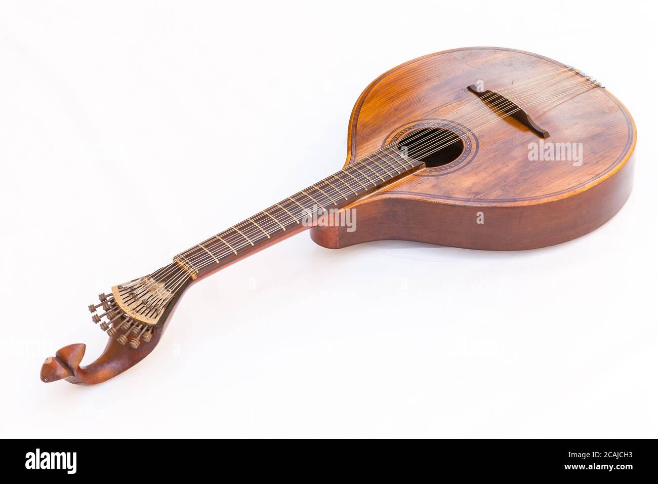 Portuguese guitar,  with tradicional fan (or peachow, watchkey) tuners - white background Stock Photo