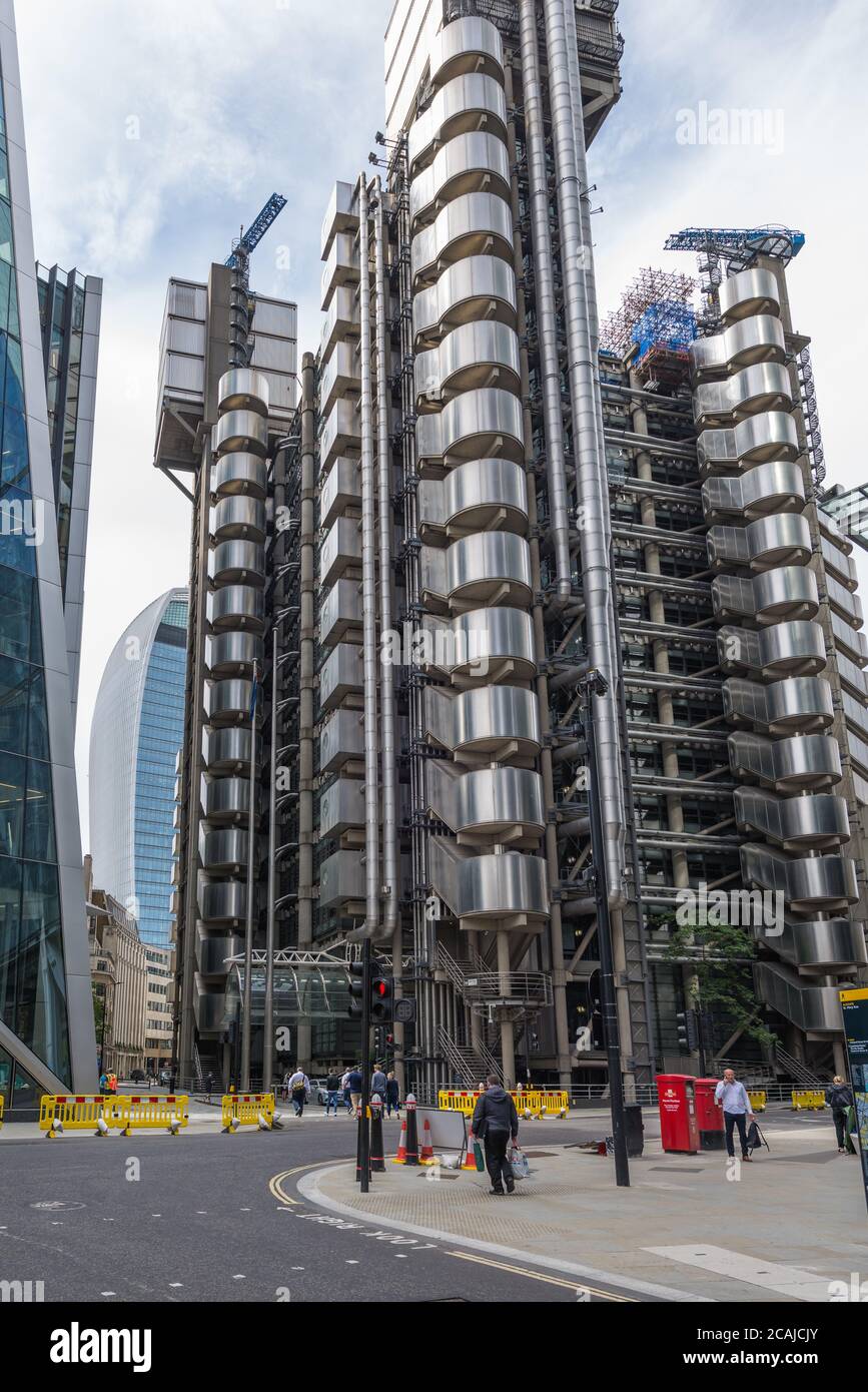 The Lloyd's of London building in Lime Street, as seen from St. Mary Axe, City of London, England, UK Stock Photo