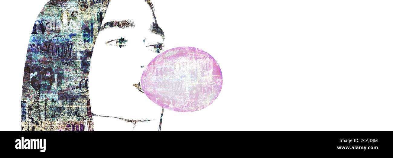 Contemporary fashion art background. Face of a girl blowing a pink bubble of chewing gum with newspaper texture. Newspapers art print. Artwork modern Stock Photo