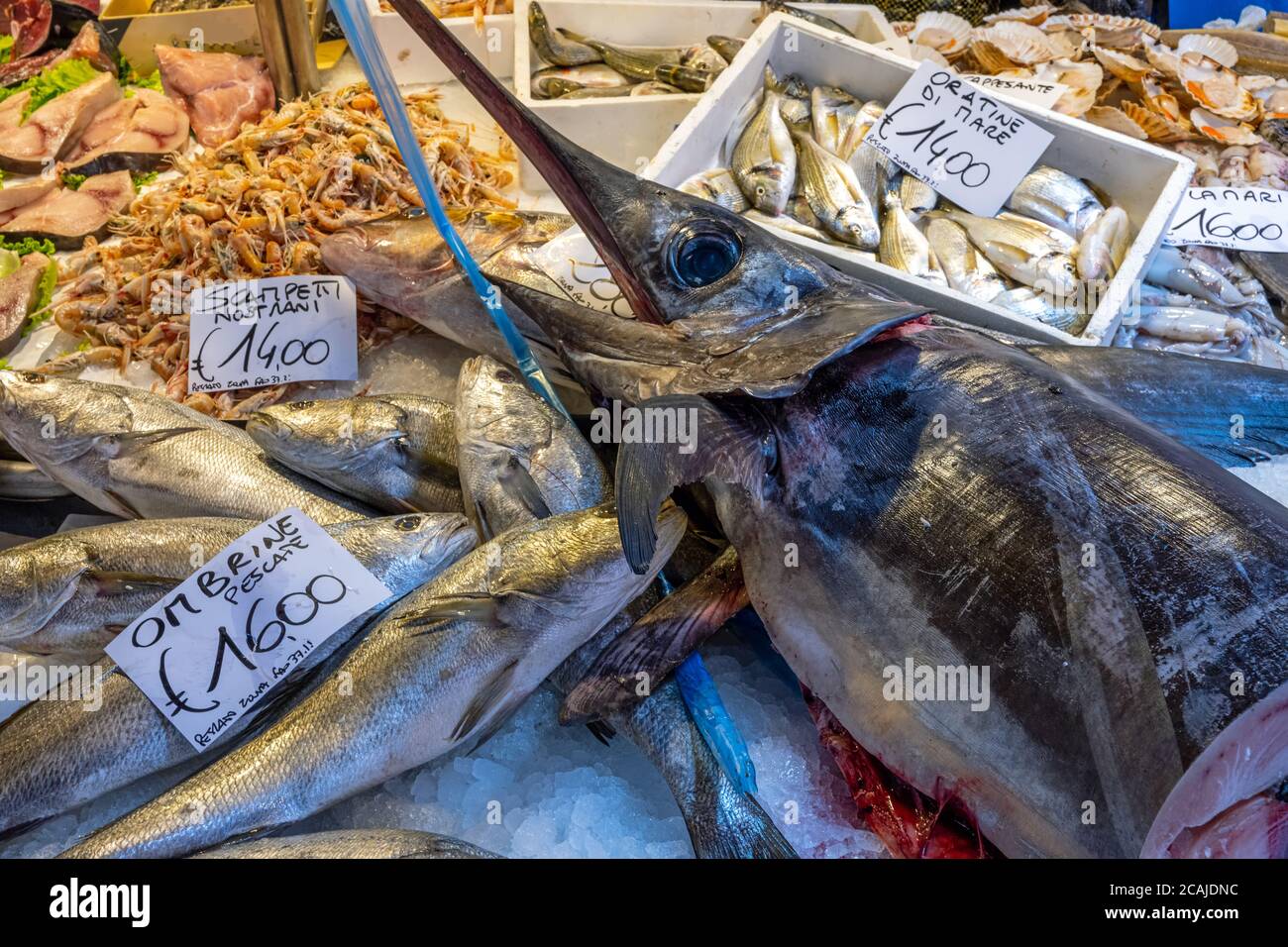 Swordfish and other fish and seafood for sale at a market in Venice, Italy Stock Photo
