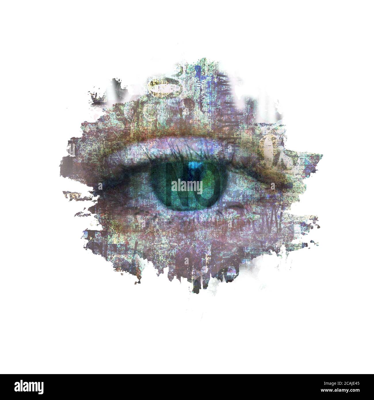 Mixed media. Contemporary art collage. Beautiful female green eye with negative answer on newspaper texture grunge stain isolated on white background Stock Photo