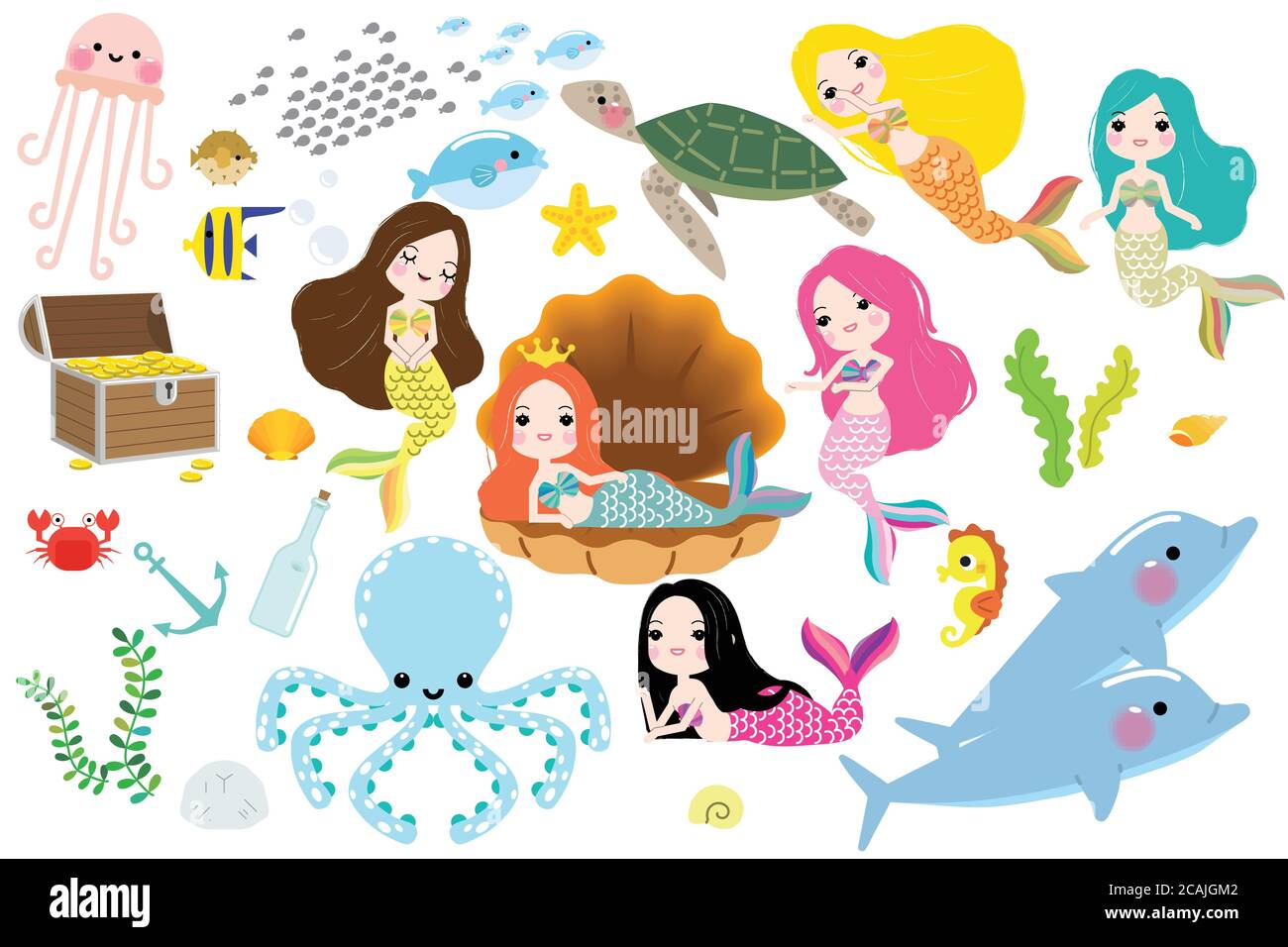 Cute little mermaid with sea animals. Under the sea in cartoon style,  Vector illustration Stock Vector Image & Art - Alamy