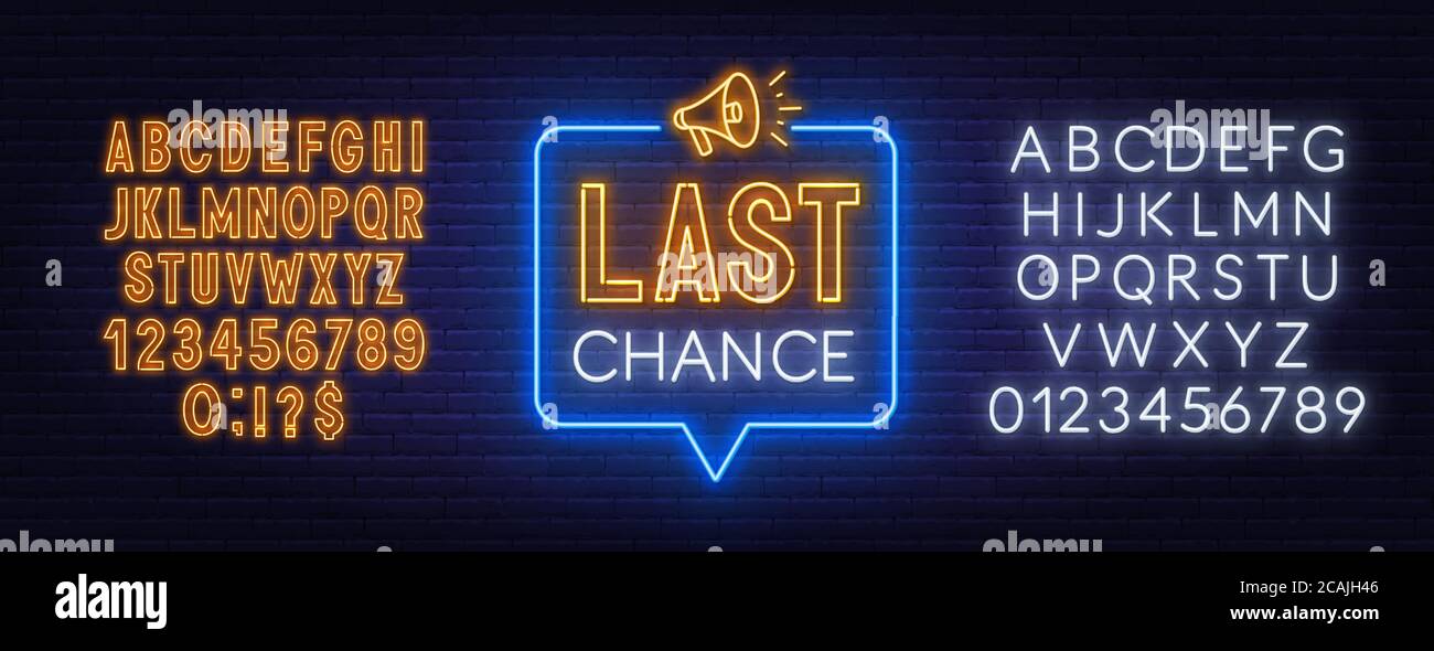 Last chance neon sign on brick wall background. Stock Vector