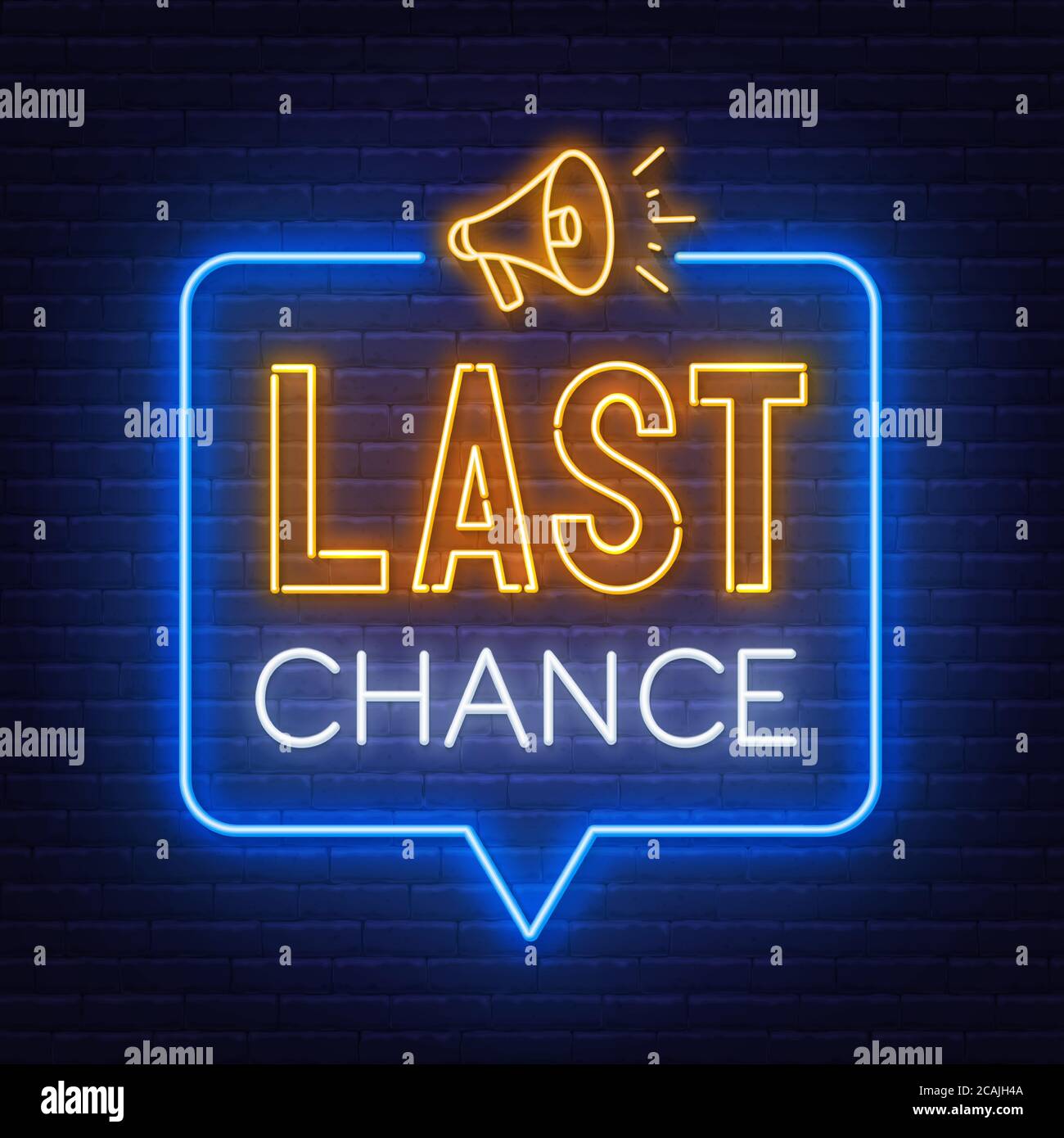 Last chance neon sign on brick wall background. Stock Vector