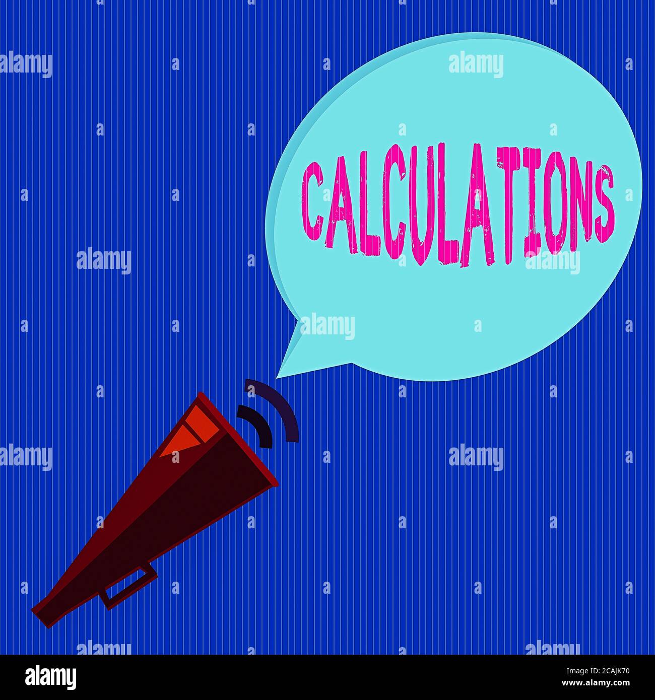 Word writing text Calculations. Business photo showcasing mathematical determination of the size or number of something Piped Megaphone with Sound Eff Stock Photo