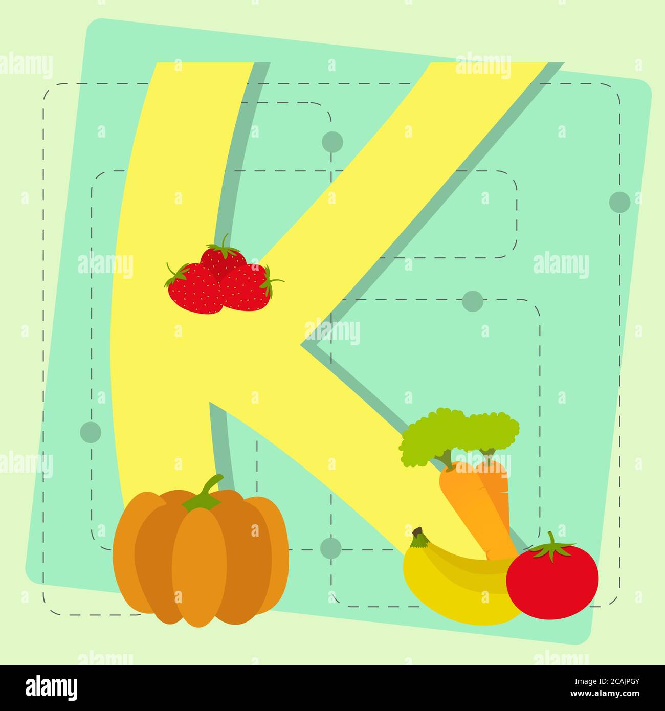 Letter "k" from stylized alphabet with fruits and vegetables