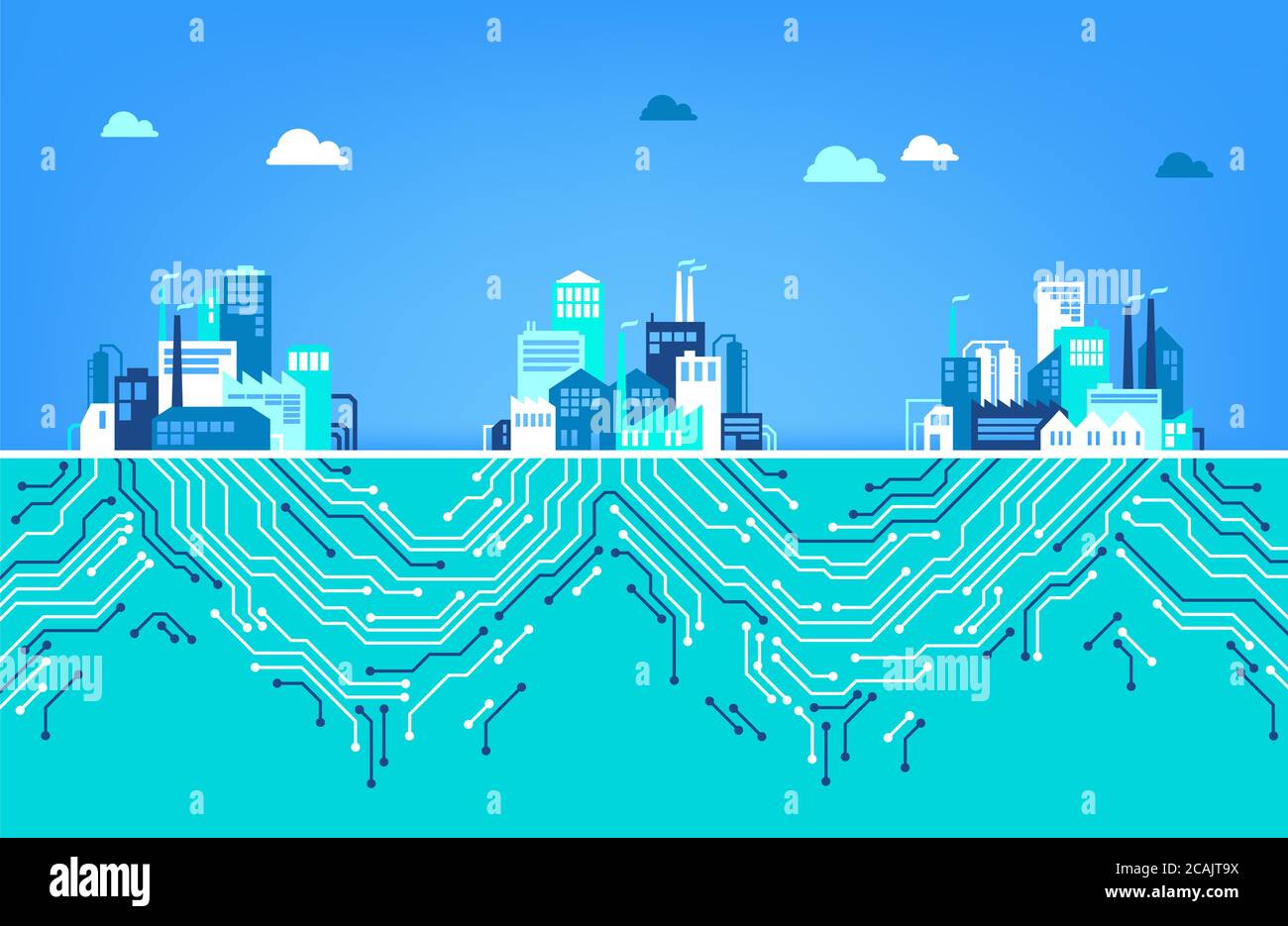 Digitalization concept / IOT / digital transformation: three factories, connected by digital circuits Stock Photo