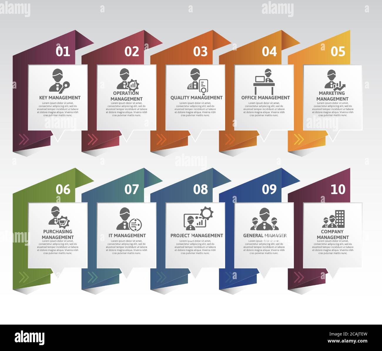 Infographic Company Management template. Icons in different colors ...