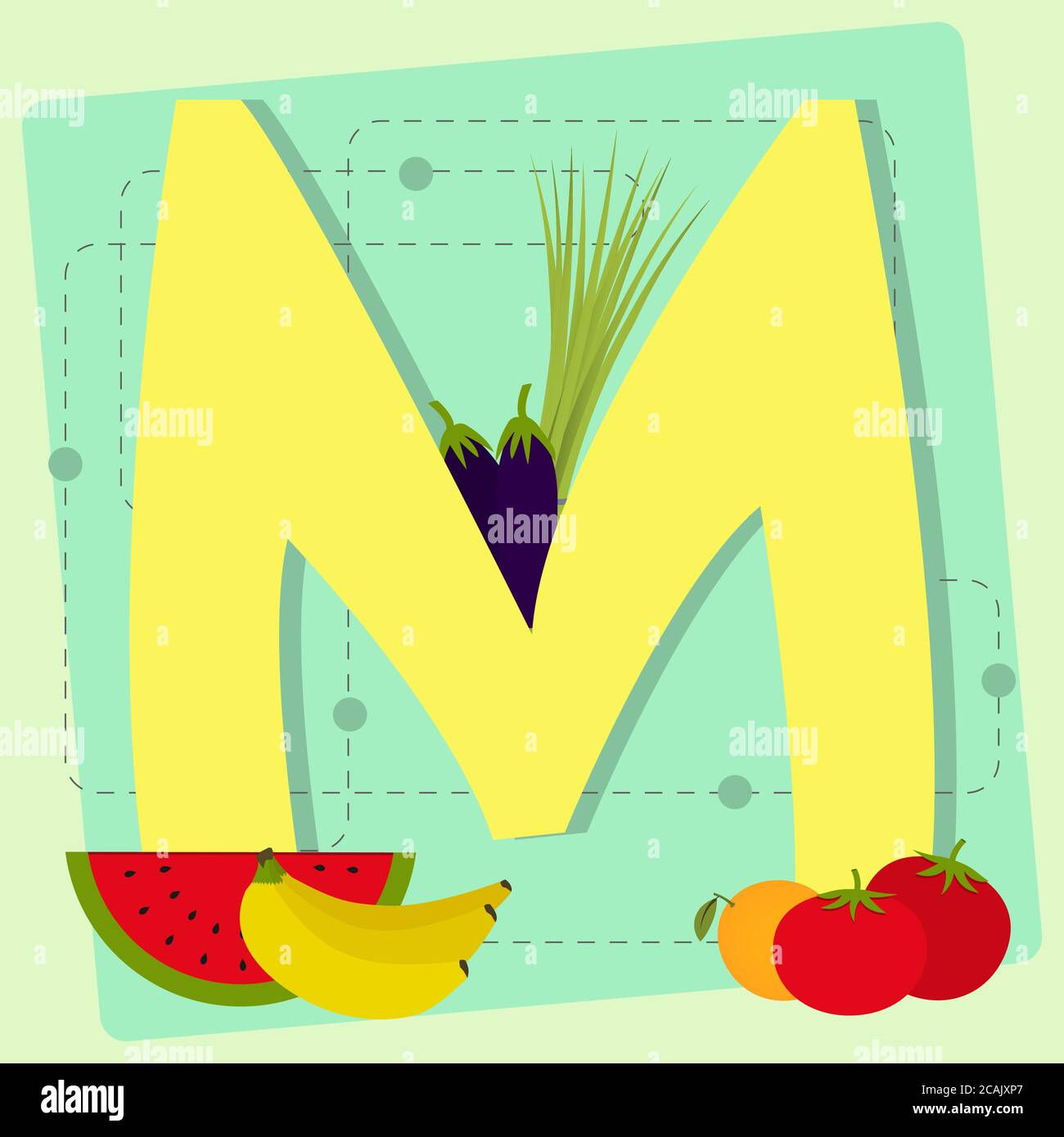 Letter 'm' from stylized alphabet with fruits and vegetables: eggplant, chive, watermelon, banana, orange, tomato Stock Vector