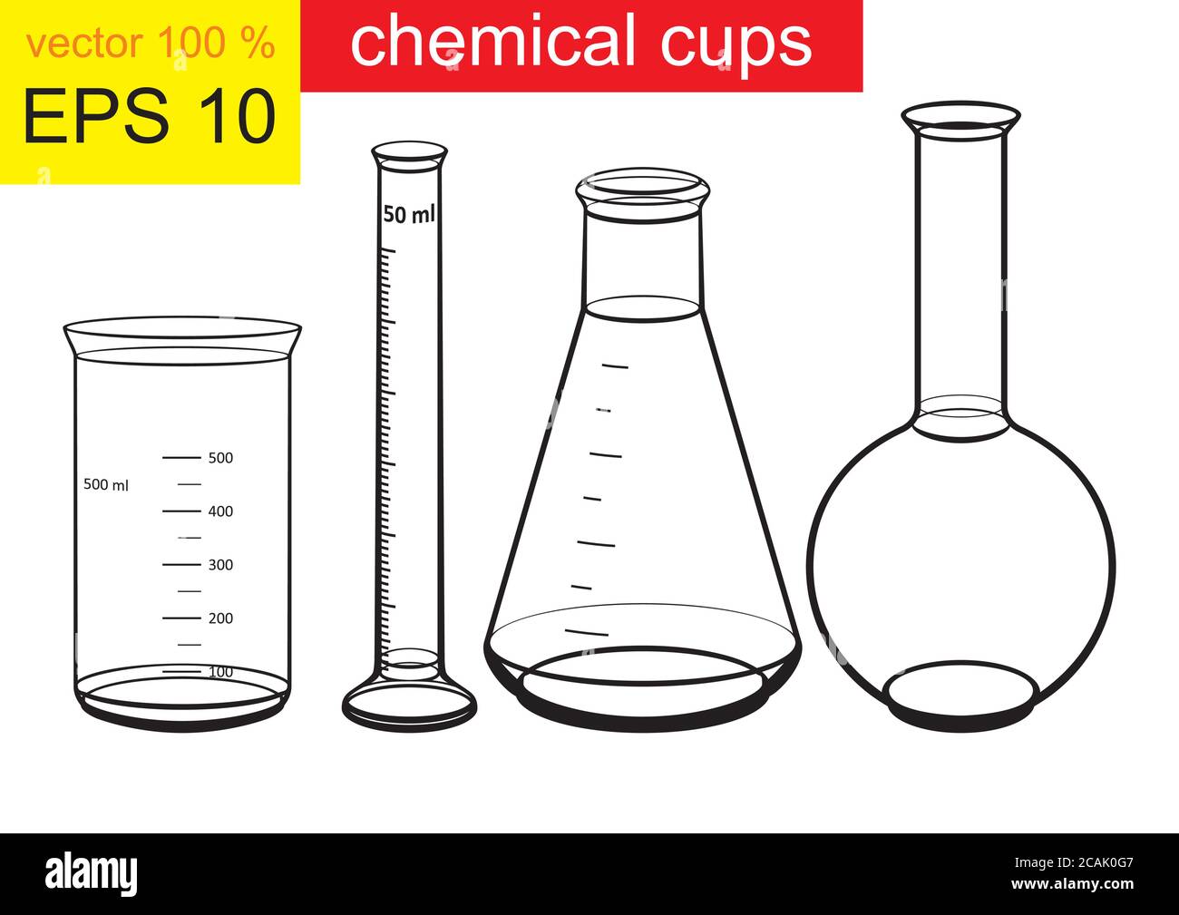 Chemical cups. Chemicals in laboratory glassware. Vector illustration