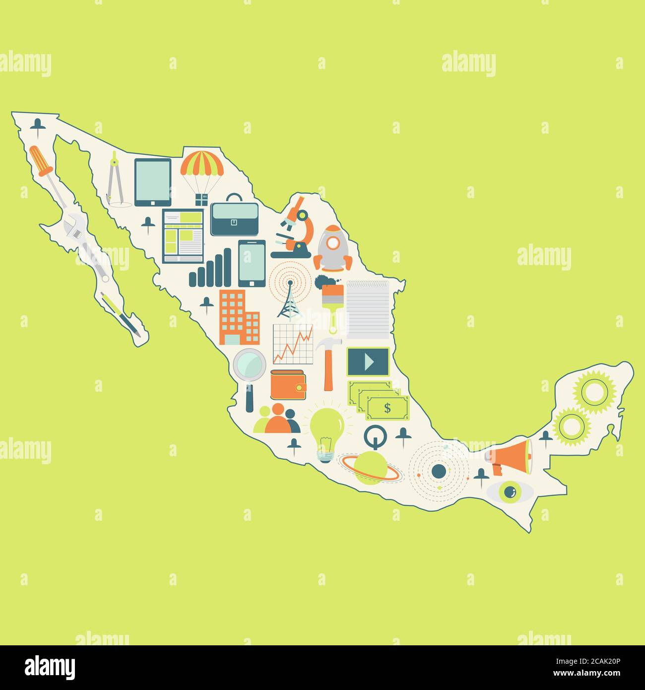 Contour map of Mexico with icons of technology, business, science ...