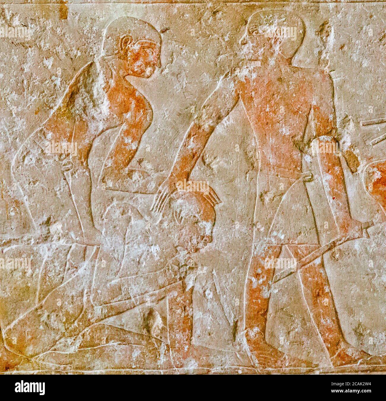 Cairo, Egyptian Museum, tomb of Kaemrehu, Saqqara, detail of a relief depicting agricultural scenes : A man is presented to scribes and maybe beaten. Stock Photo