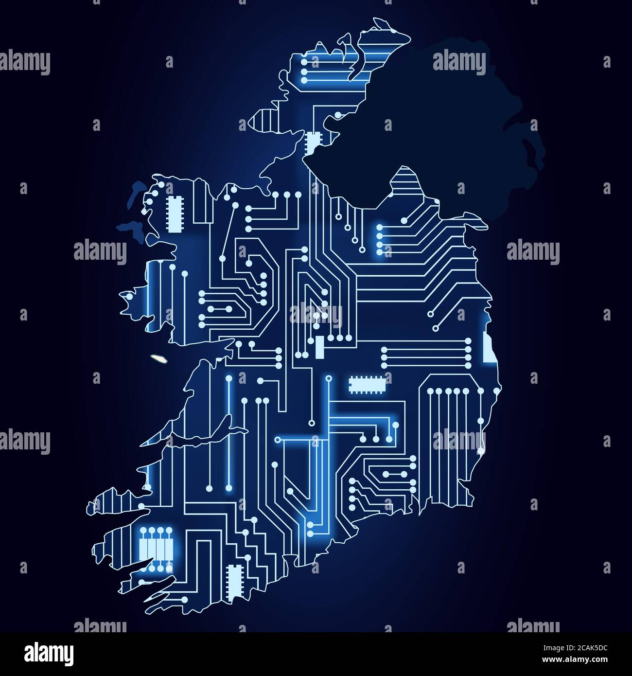 Contour map of Ireland with a technological electronics circuit Stock