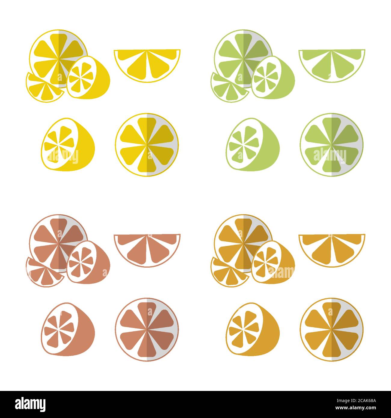 Citrus set halved and sliced pieces. Lemon, lime, orange, grapefruit, fruits collection in flat style with shadow. Isolated vector illustration. Stock Vector