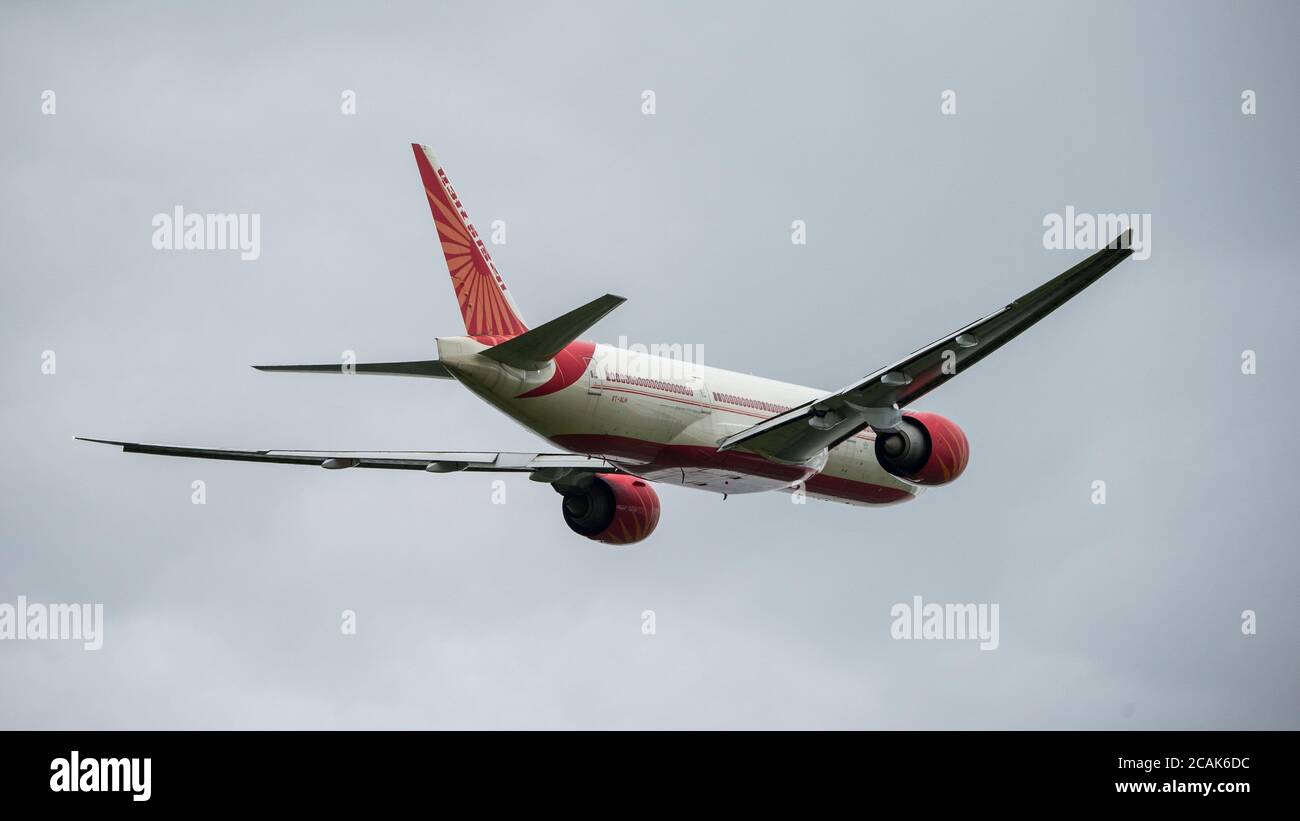 Glasgow, Scotland, UK. 7th Aug, 2020. Pictured: Air India Flight AI1133 from Mumbai which landed at Glasgow International Airport transporting a film crew and cast is seen returning today back to Mumbai. The plane is a Boeing 777-237(LR) aircraft. The film crew who landed last night are to be quarantined for 14 days before starting filming in Ayrshire later this month with Bollywood blockbuster, Bell Bottom, where it's reported the 80s' thriller revolves around a plane hijacking. Credit: Colin Fisher/Alamy Live News Stock Photo