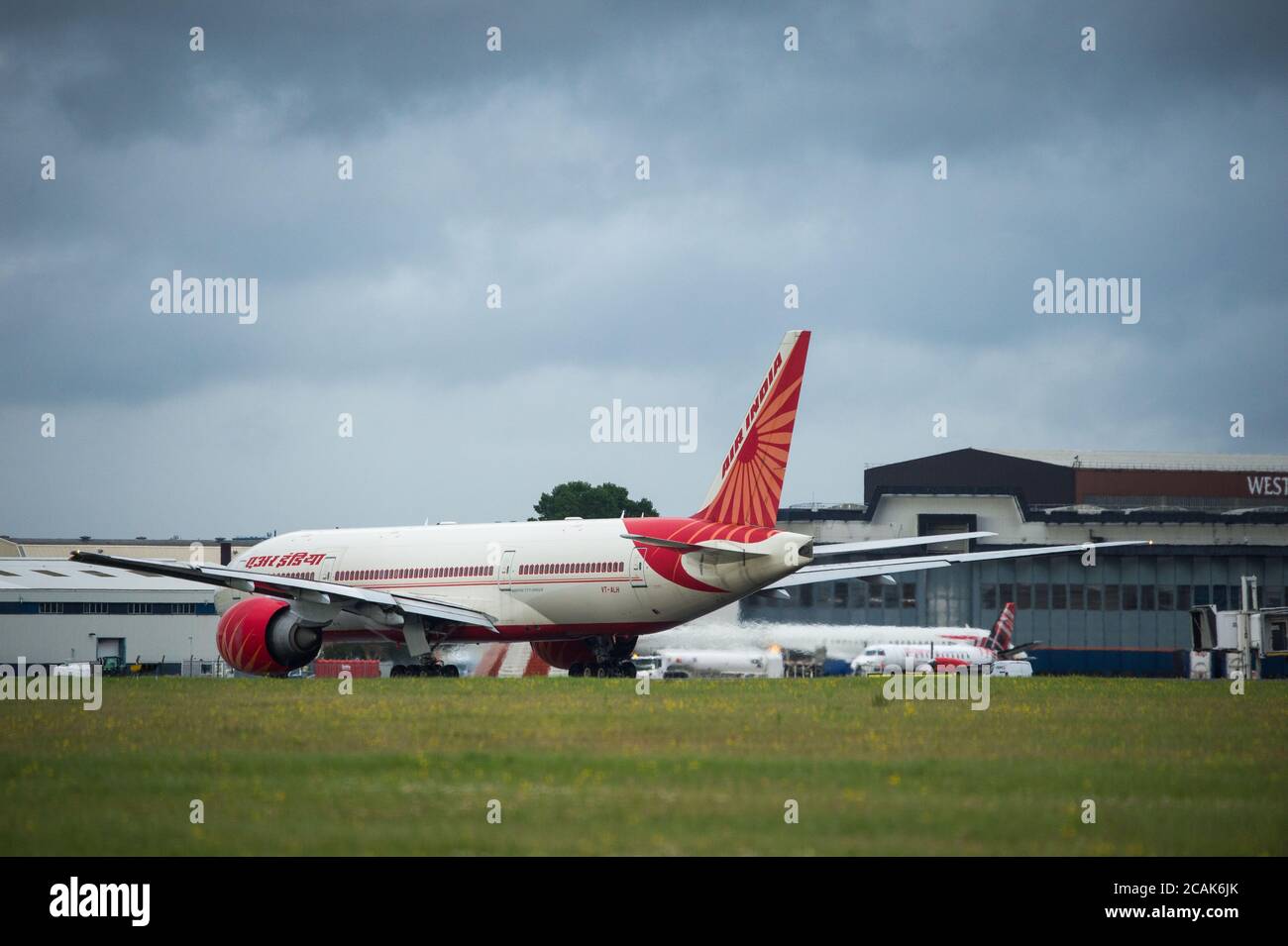 Glasgow, Scotland, UK. 7th Aug, 2020. Pictured: Air India Flight AI1133 from Mumbai which landed at Glasgow International Airport transporting a film crew and cast is seen returning today back to Mumbai. The plane is a Boeing 777-237(LR) aircraft. The film crew who landed last night are to be quarantined for 14 days before starting filming in Ayrshire later this month with Bollywood blockbuster, Bell Bottom, where it's reported the 80s' thriller revolves around a plane hijacking. Credit: Colin Fisher/Alamy Live News Stock Photo